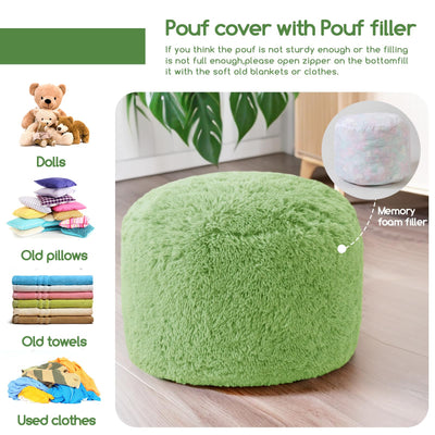 MAXYOYO Round Stuffed Pouf Ottoman, Long Faux Fur Poufs with Foam Chunk Filling, Green