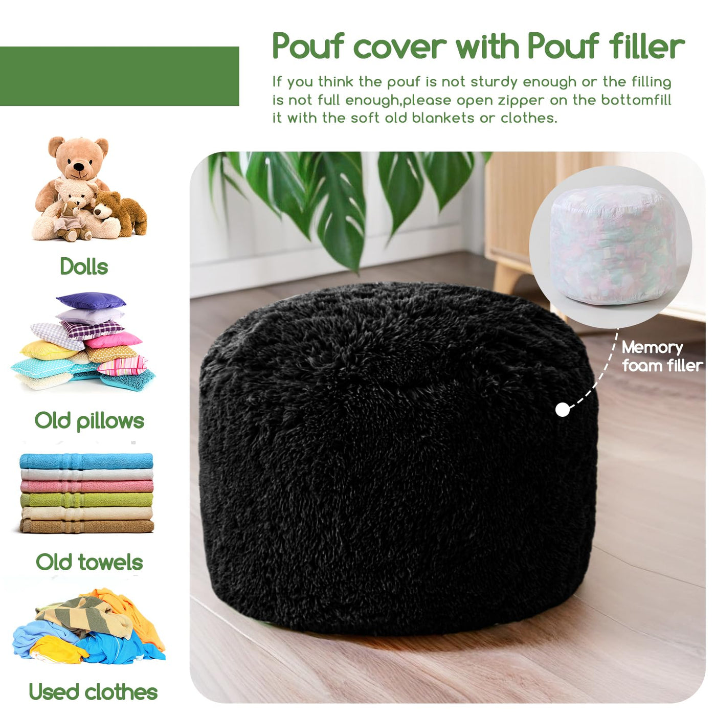 MAXYOYO Round Stuffed Pouf Ottoman, Long Faux Fur Poufs with Foam Chunk Filling, Black