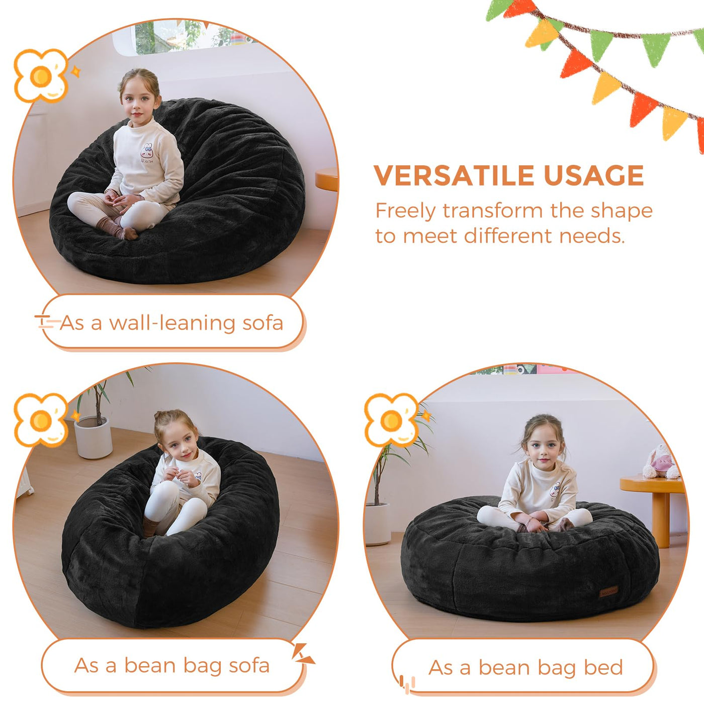 MAXYOYO 3 in 1 Kids Bean Bag Chair Bed, Faux Fur Round Child Floor Sofa for Gaming, Reading (Black)