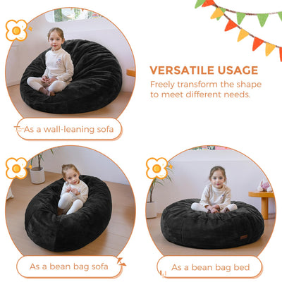 MAXYOYO 3 in 1 Kids Bean Bag Chair Bed, Faux Fur Round Child Floor Sofa for Gaming, Reading (Black)