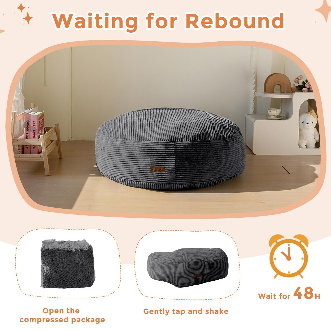 MAXYOYO 3-in-1 Kids Convertible Bean Bag Chair & Bed, Corduroy Round Child Floor Sofa for Gaming, Reading, Dark Grey