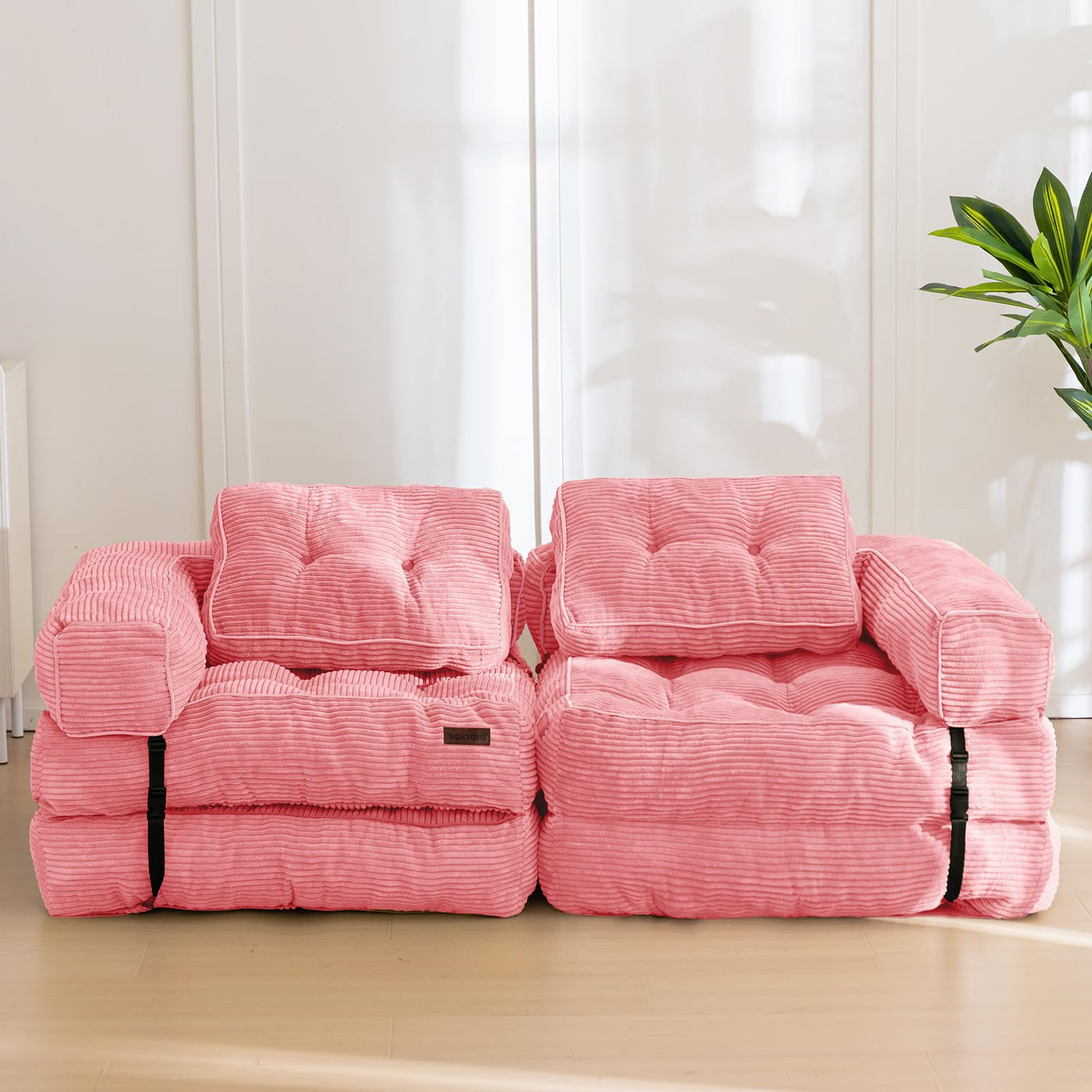 MAXYOYO Folding Sofa Bed, L-Shaped Convertible Sofa Bed with Armrest Foldable Sleeper Sofa, Pink