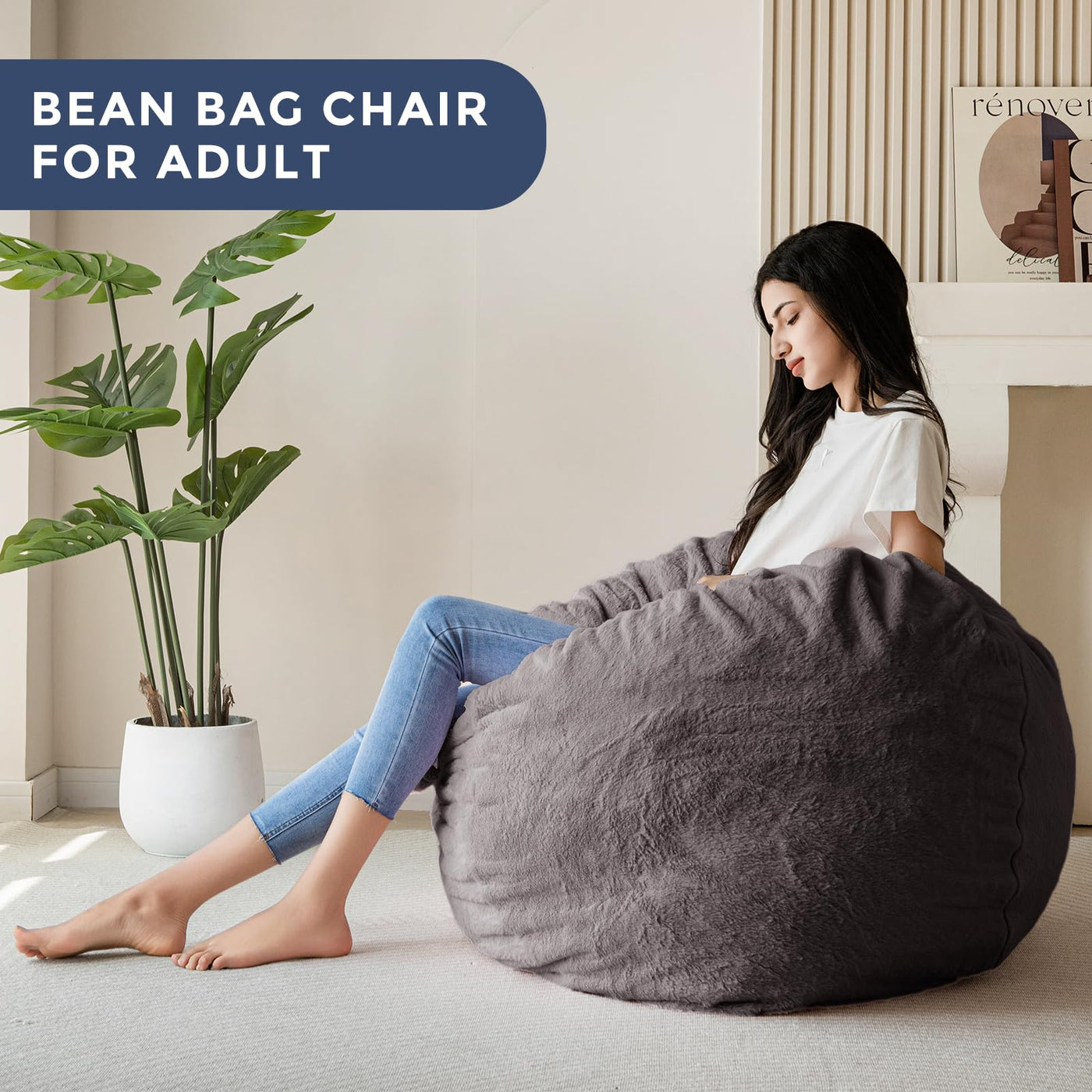 MAXYOYO Bean Bag Chair for Adults, 3ft Ultra Soft Fur Lazy Sofa for Living Room Bedroom, Shaggy-dark grey