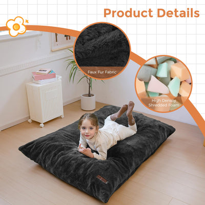 MAXYOYO 3 in 1 Kids Bean Bag Chair Bed, Faux Fur Child Floor Sofa for Gaming, Reading (Black)