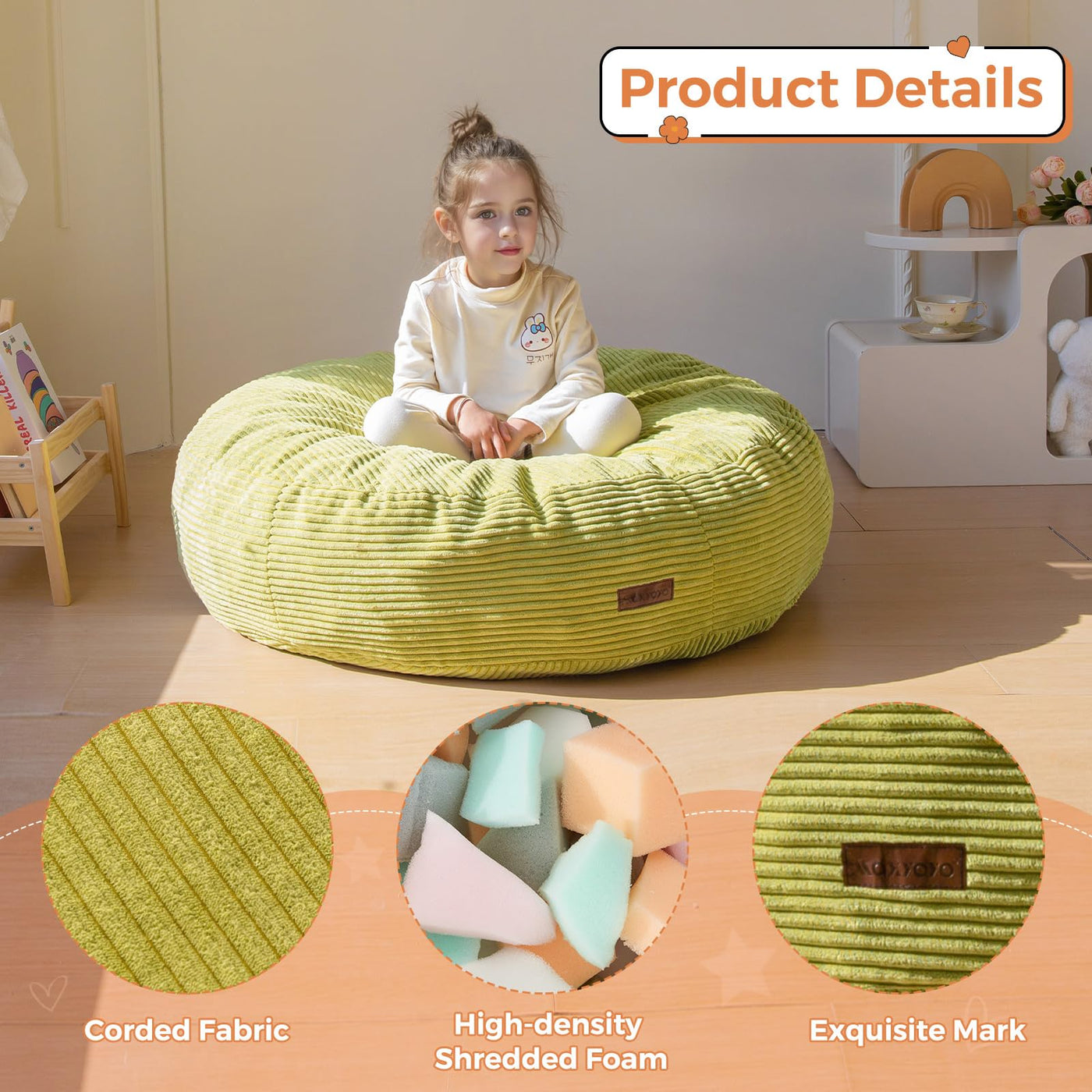 MAXYOYO 3-in-1 Kids Convertible Bean Bag Chair & Bed, Corduroy Round Child Floor Sofa for Gaming, Reading, Green