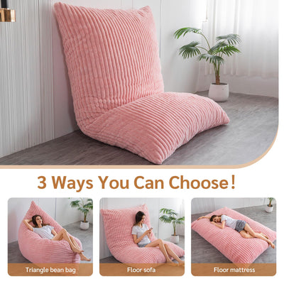 MAXYOYO 3 in 1 Bean Bag Chairs, Soft Striped Faux Fur Convertible Large Floor Pillow BeanBag, Pink