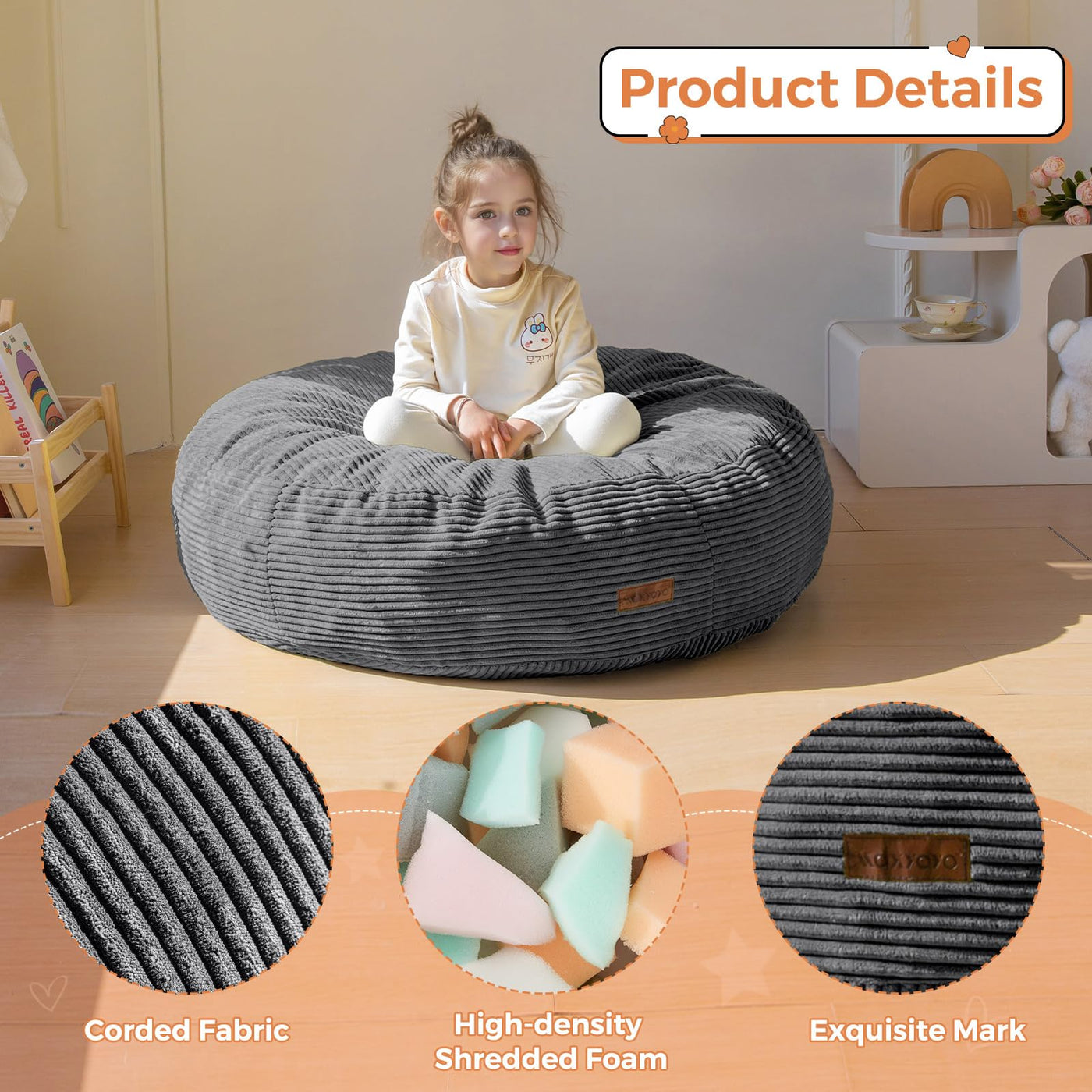 MAXYOYO 3-in-1 Kids Convertible Bean Bag Chair & Bed, Corduroy Round Child Floor Sofa for Gaming, Reading, Dark Grey