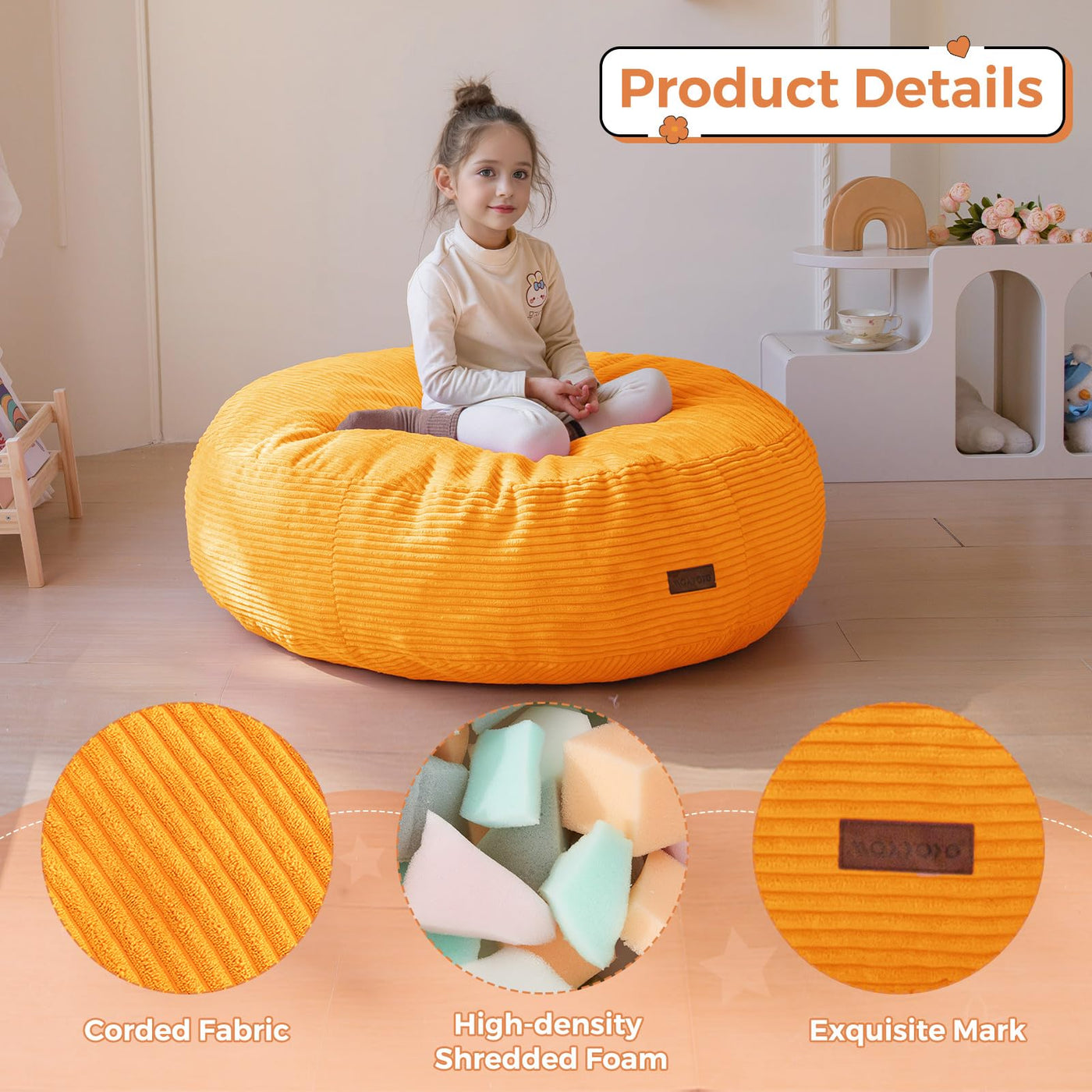 MAXYOYO 3-in-1 Kids Convertible Bean Bag Chair & Bed, Corduroy Round Child Floor Sofa for Gaming, Reading, Orange