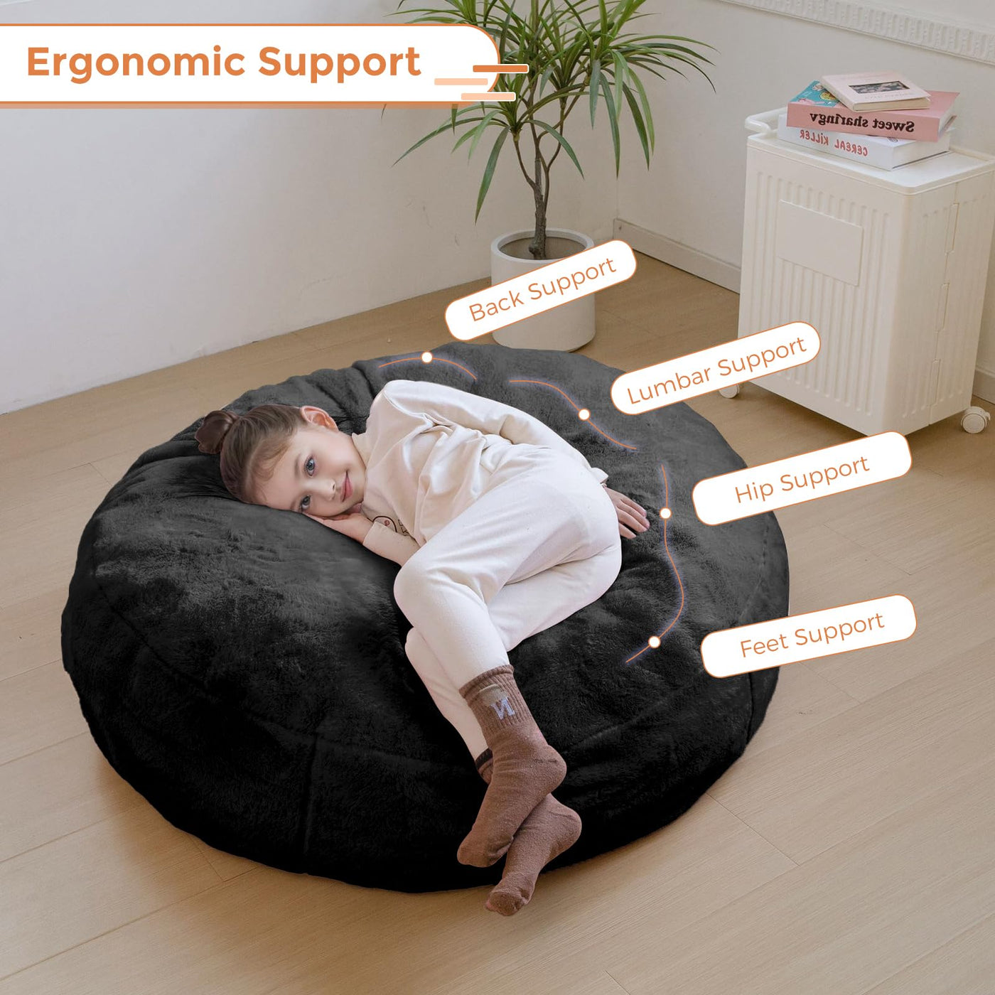 MAXYOYO 3 in 1 Kids Bean Bag Chair Bed, Faux Fur Round Child Floor Sofa for Gaming, Reading (Black)