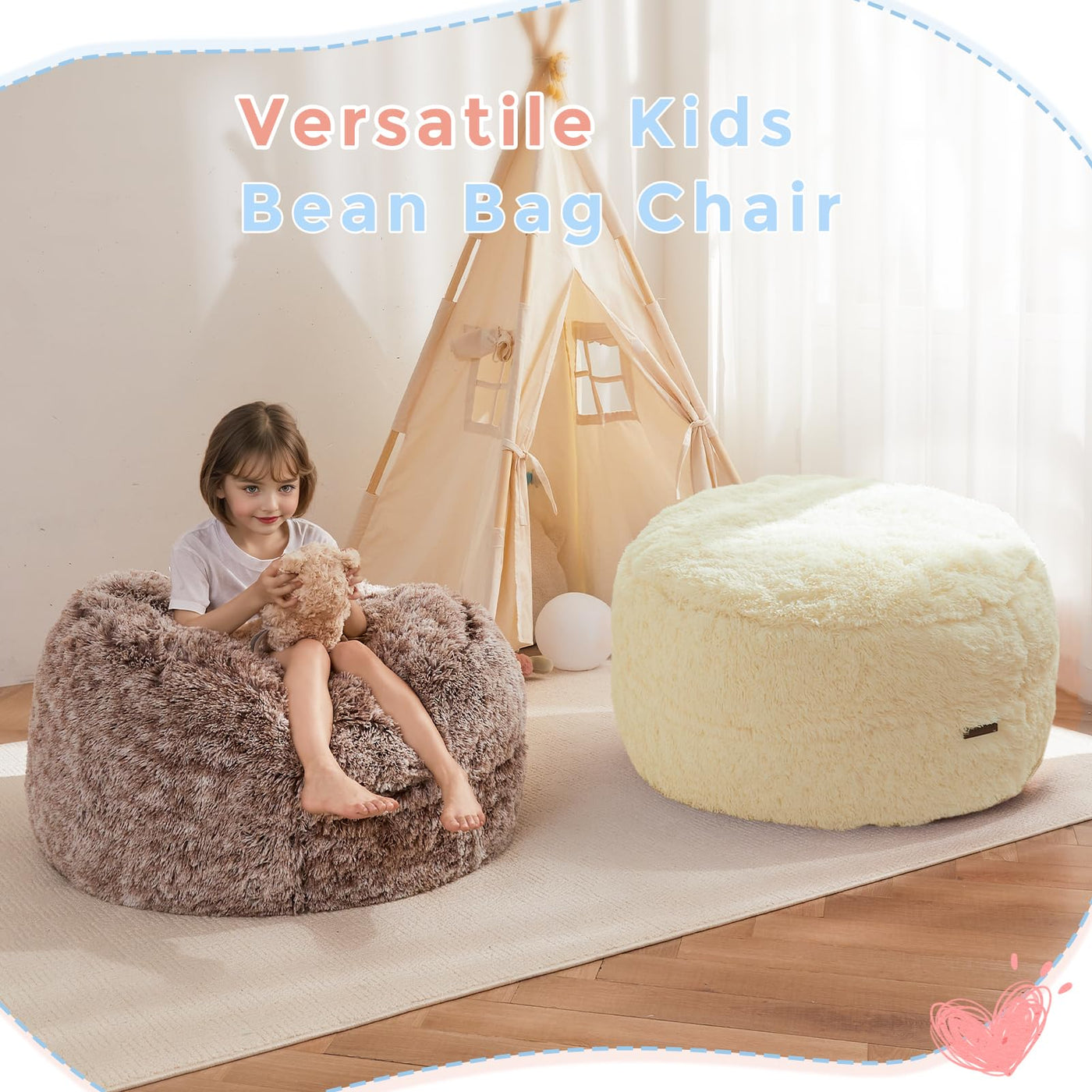 MAXYOYO Bean Bag Chair Bed for Kids, Plush Convertible Bean Bag Folds from Chair to Floor Mattress, Beige