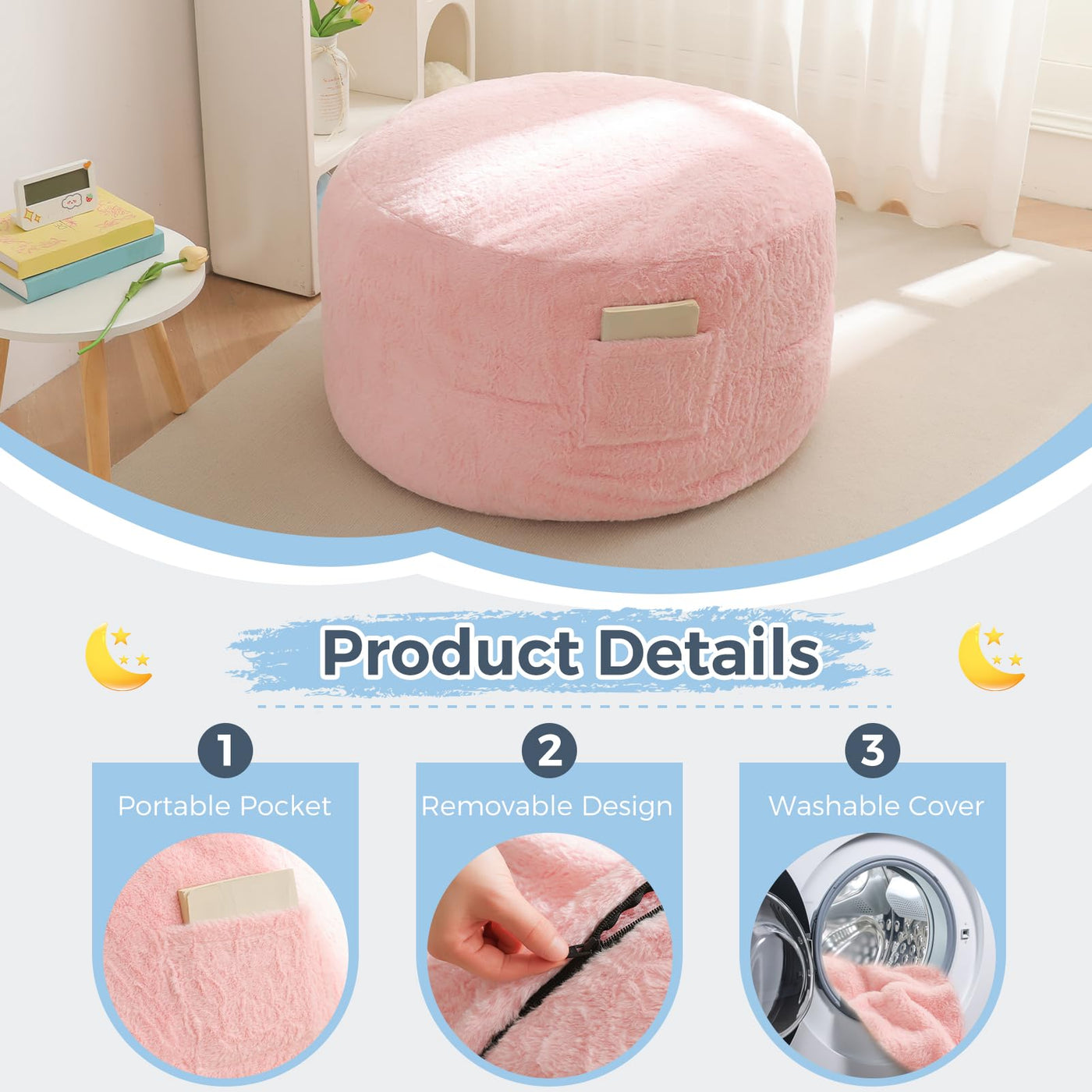 MAXYOYO Bean Bag Chair Bed for Kids, Convertible Bean Bag Folds from Lazy Chair to Floor Mattress Bed, Pink