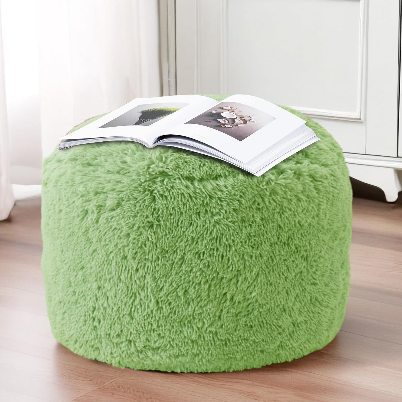 MAXYOYO Round Stuffed Pouf Ottoman, Long Faux Fur Poufs with Foam Chunk Filling, Green