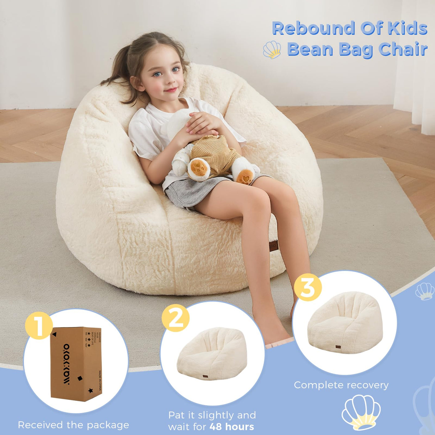 MAXYOYO Bean Bag Chair for Kids, Shell Shaped Bean Bag Couch for Boys and Girls, Beige