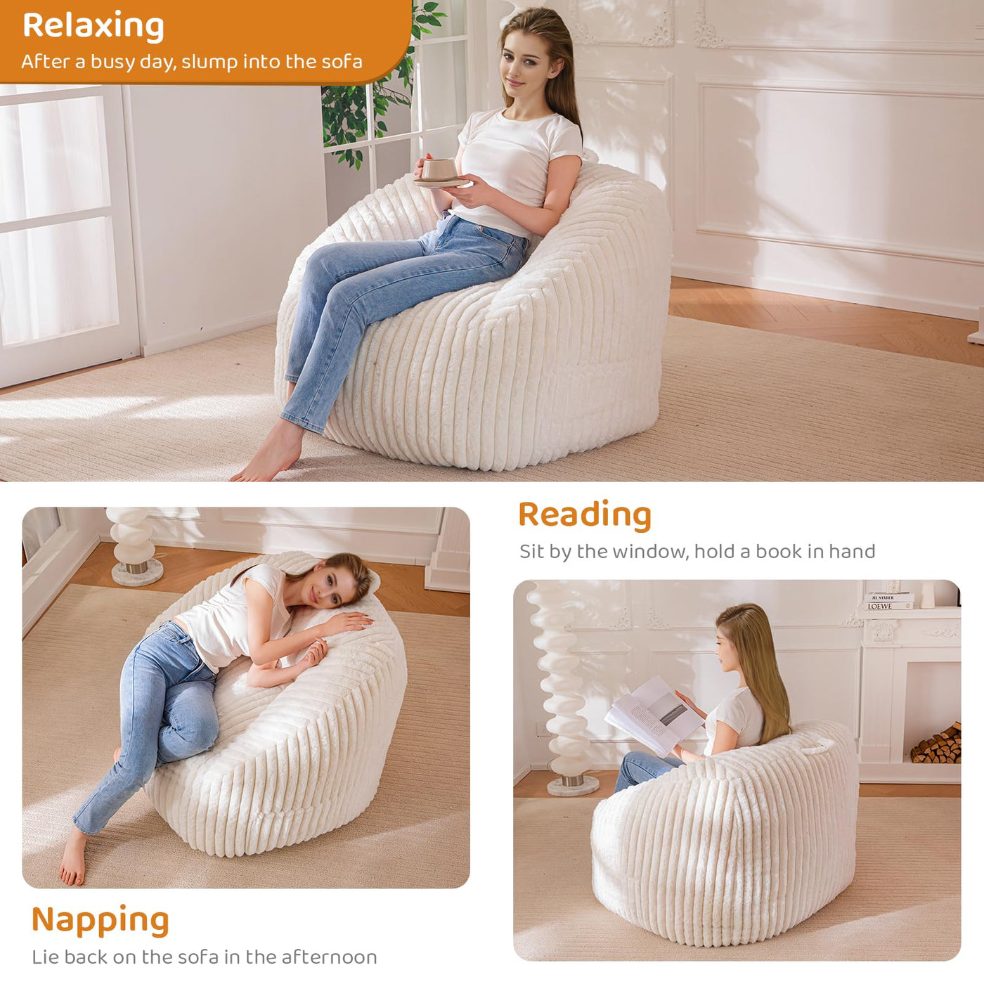 MAXYOYO Bean Bag Chair, Floor Sofa with Handle and Pocket for Living Room, Beige