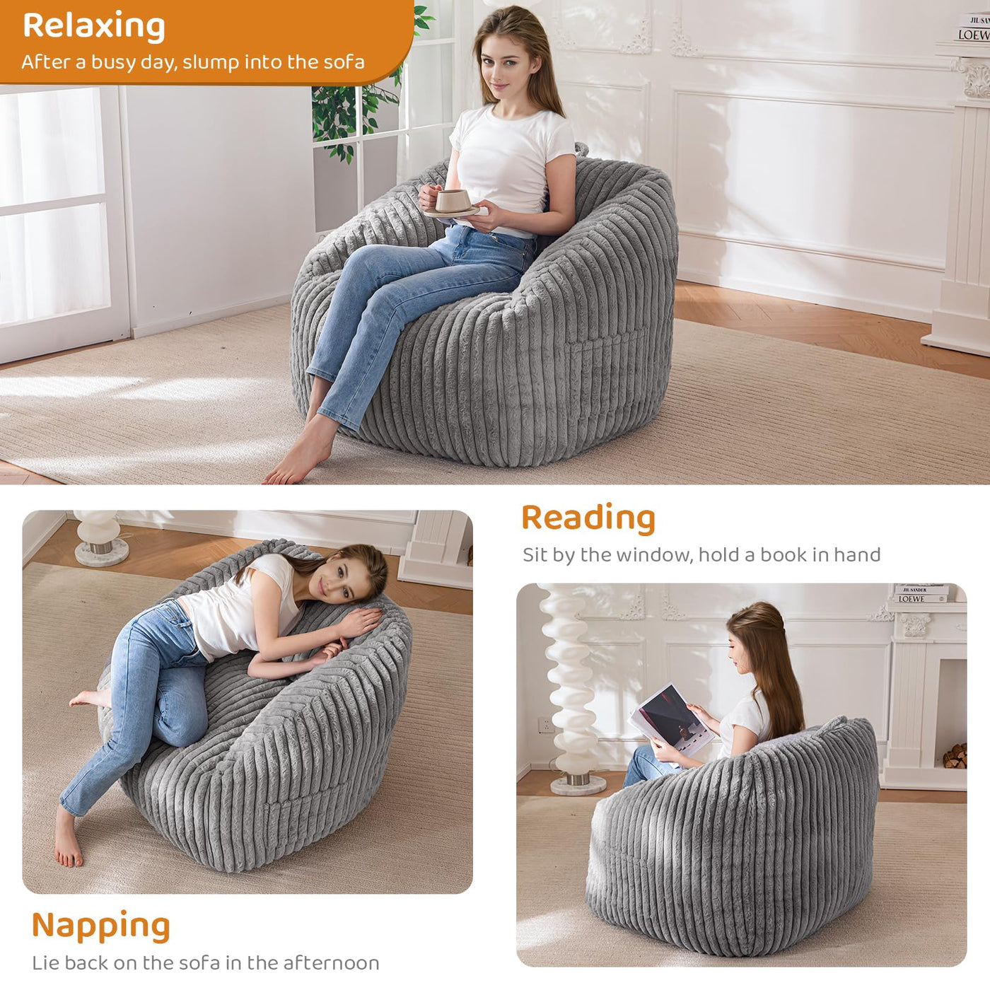 MAXYOYO Bean Bag Chair, Floor Sofa with Handle and Pocket for Living Room, Grey