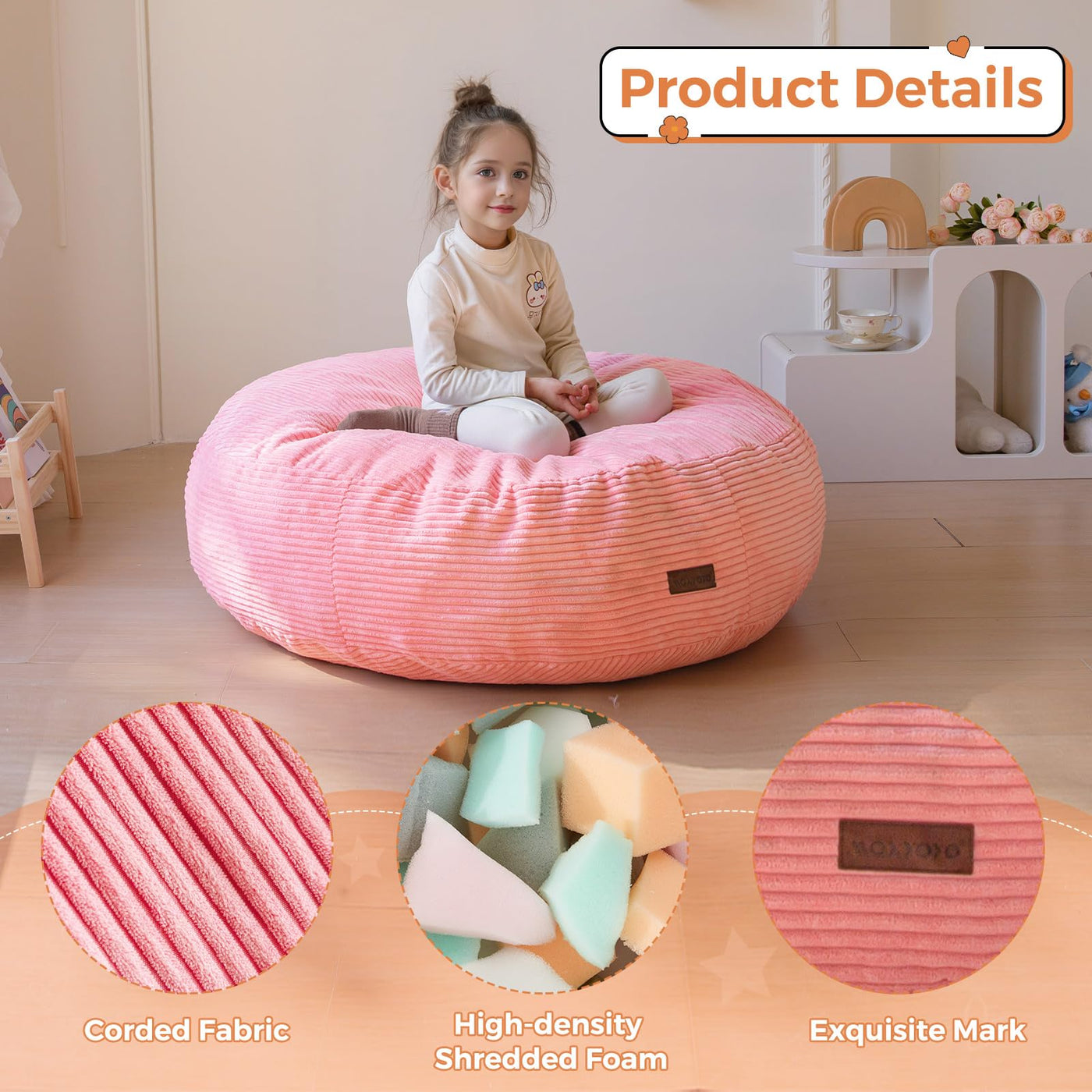 MAXYOYO 3-in-1 Kids Convertible Bean Bag Chair & Bed, Corduroy Round Child Floor Sofa for Gaming, Reading, Pink