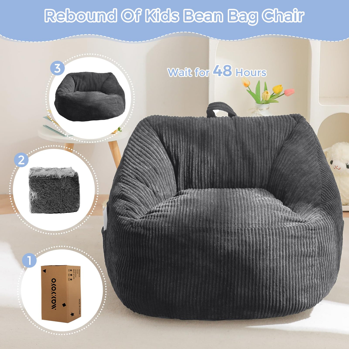 MAXYOYO Kids Bean Bag Chair, Corduroy Bean Bag Couch with Handle and Pocket for Gaming Reading Relaxing, Dark Grey