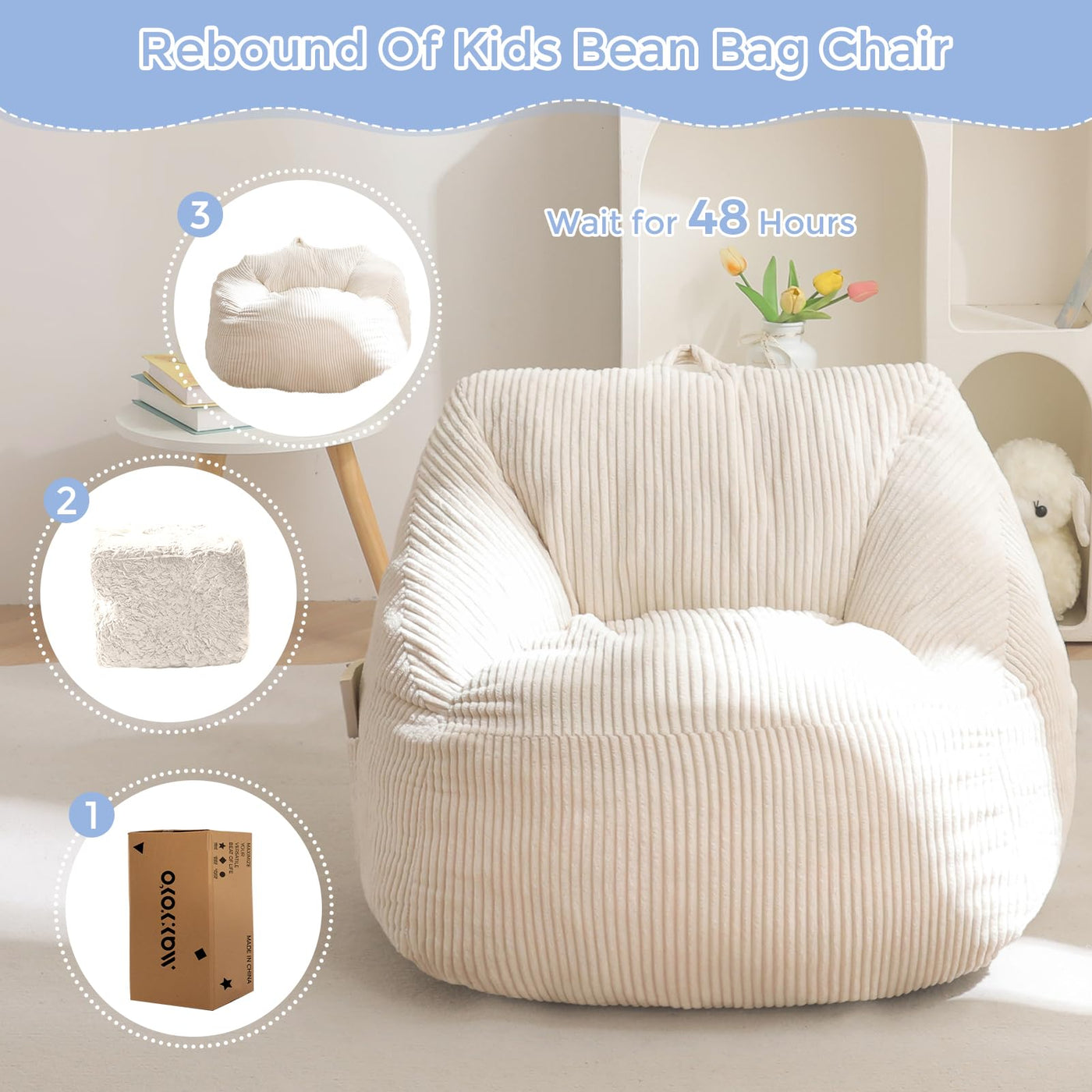 MAXYOYO Kids Bean Bag Chair, Corduroy Bean Bag Couch with Handle and Pocket for Gaming Reading Relaxing, Beige