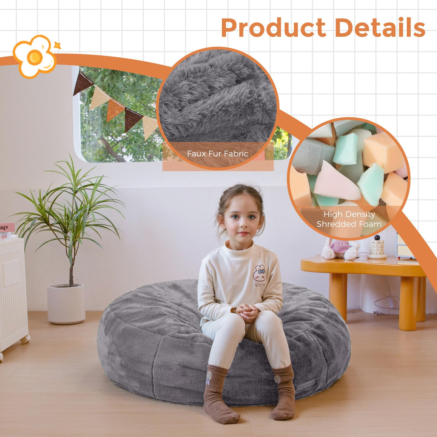 MAXYOYO 3 in 1 Kids Bean Bag Chair Bed, Faux Fur Round Child Floor Sofa for Gaming, Reading (Dark Grey)