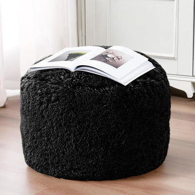 MAXYOYO Round Stuffed Pouf Ottoman, Long Faux Fur Poufs with Foam Chunk Filling, Black