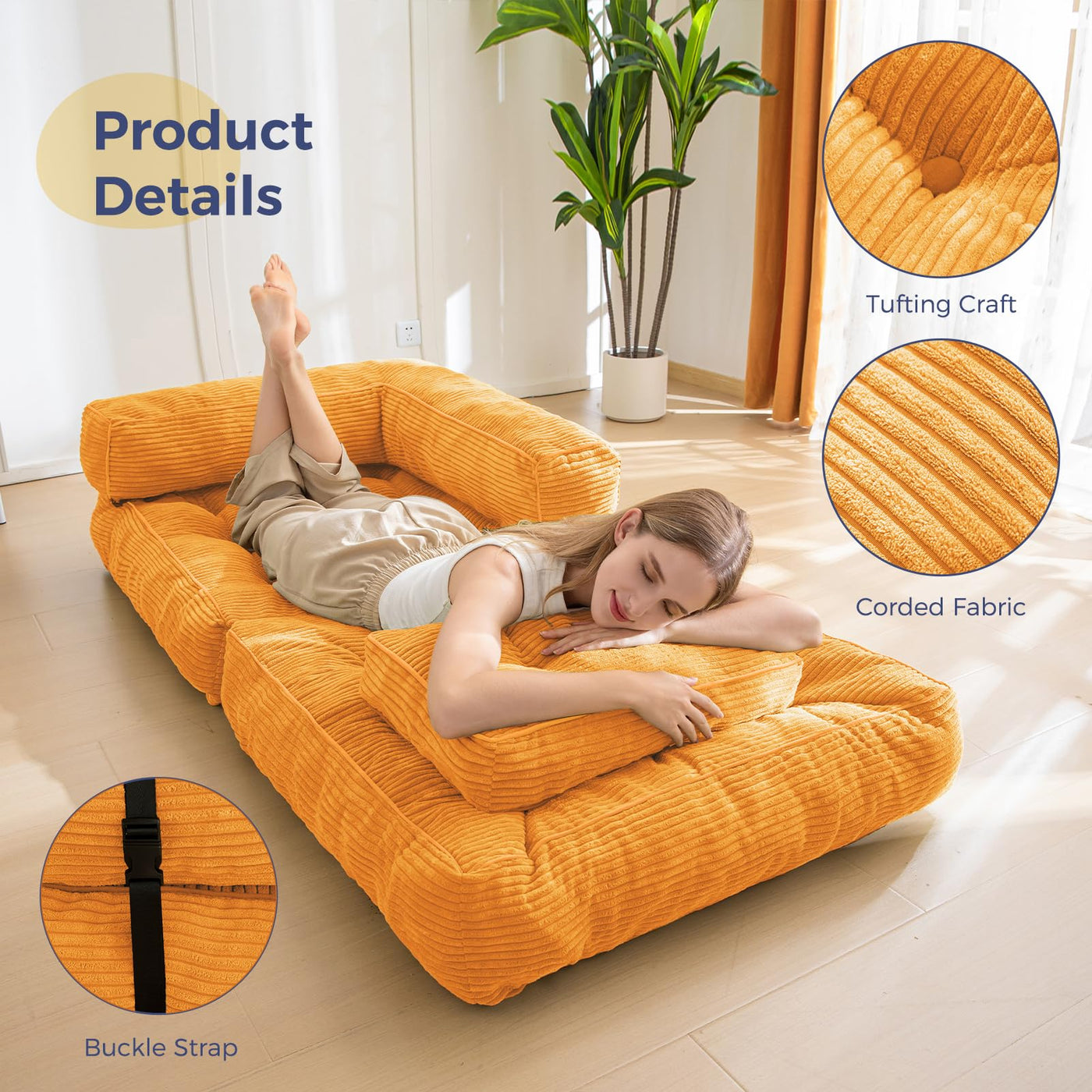 MAXYOYO Folding Sofa Bed, L-Shaped Convertible Sofa Bed with Armrest Foldable Sleeper Sofa, Orange