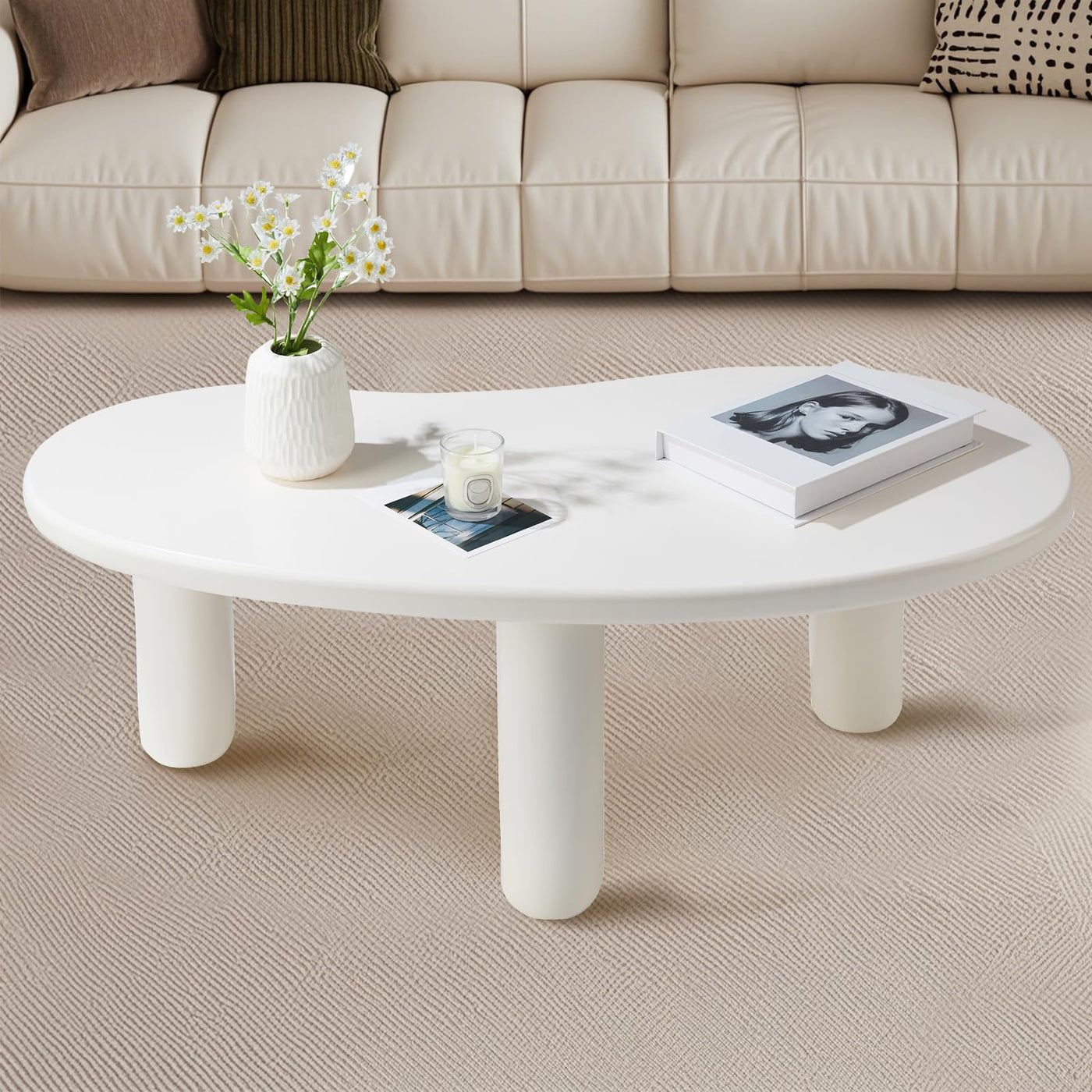 MAXYOYO 35.4 "Coffee Table, Irregular Cashew Shaped Coffee Table, Cute Cloud Coffee Table, Central Rounded Low Table, White