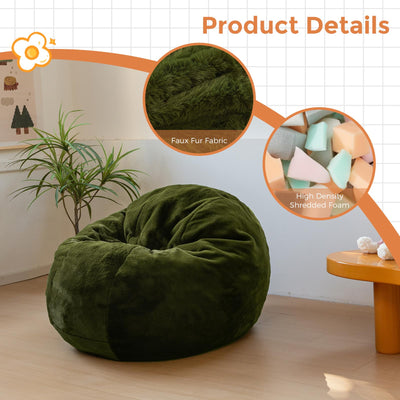 MAXYOYO 3 in 1 Kids Bean Bag Chair Bed, Faux Fur Round Child Floor Sofa for Gaming, Reading (Green)