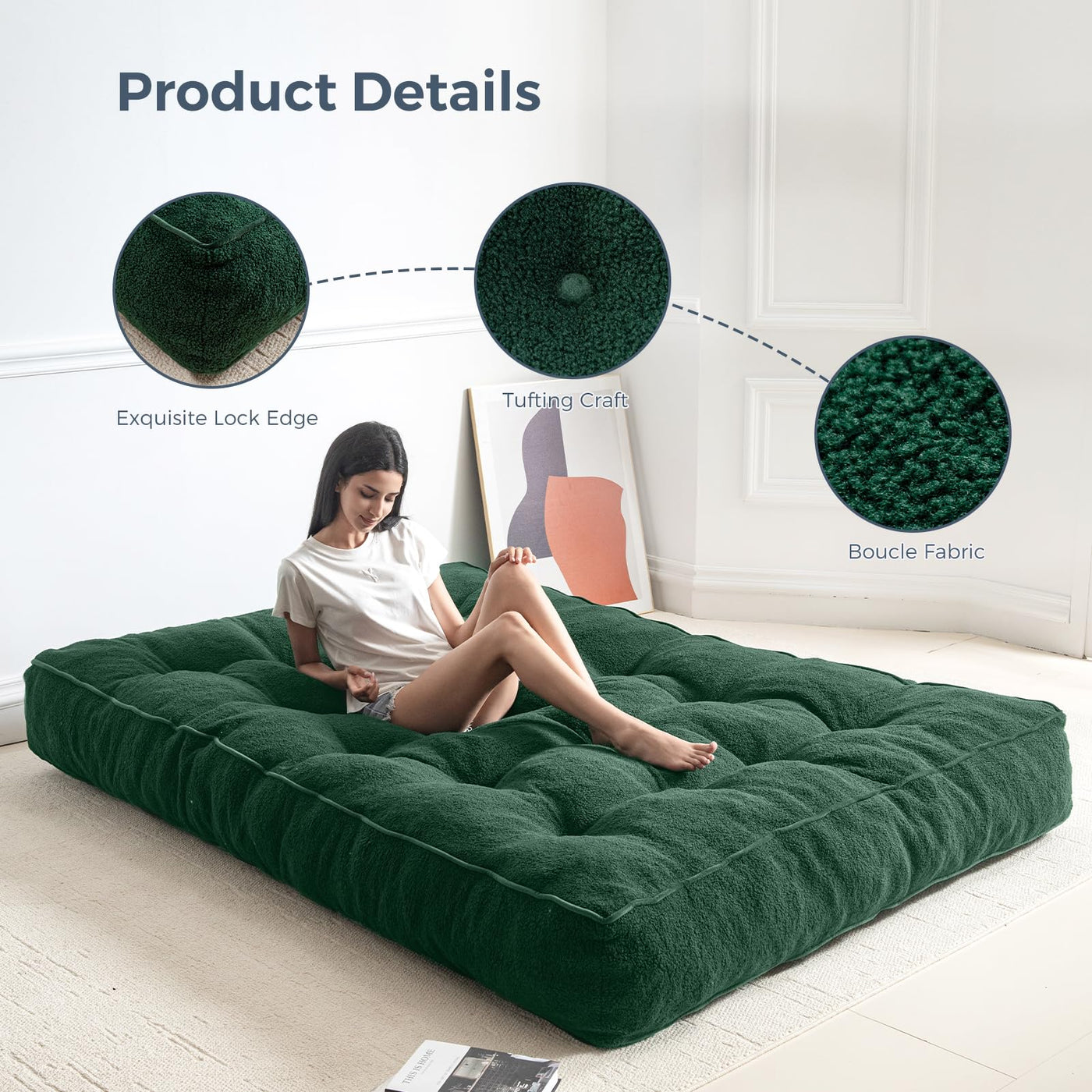 MAXYOYO 8" Tufted Futon Sofa Couch Bed, Thick Thick Boucle Floor Futon Mattress for Adults (Mattress Only), Green