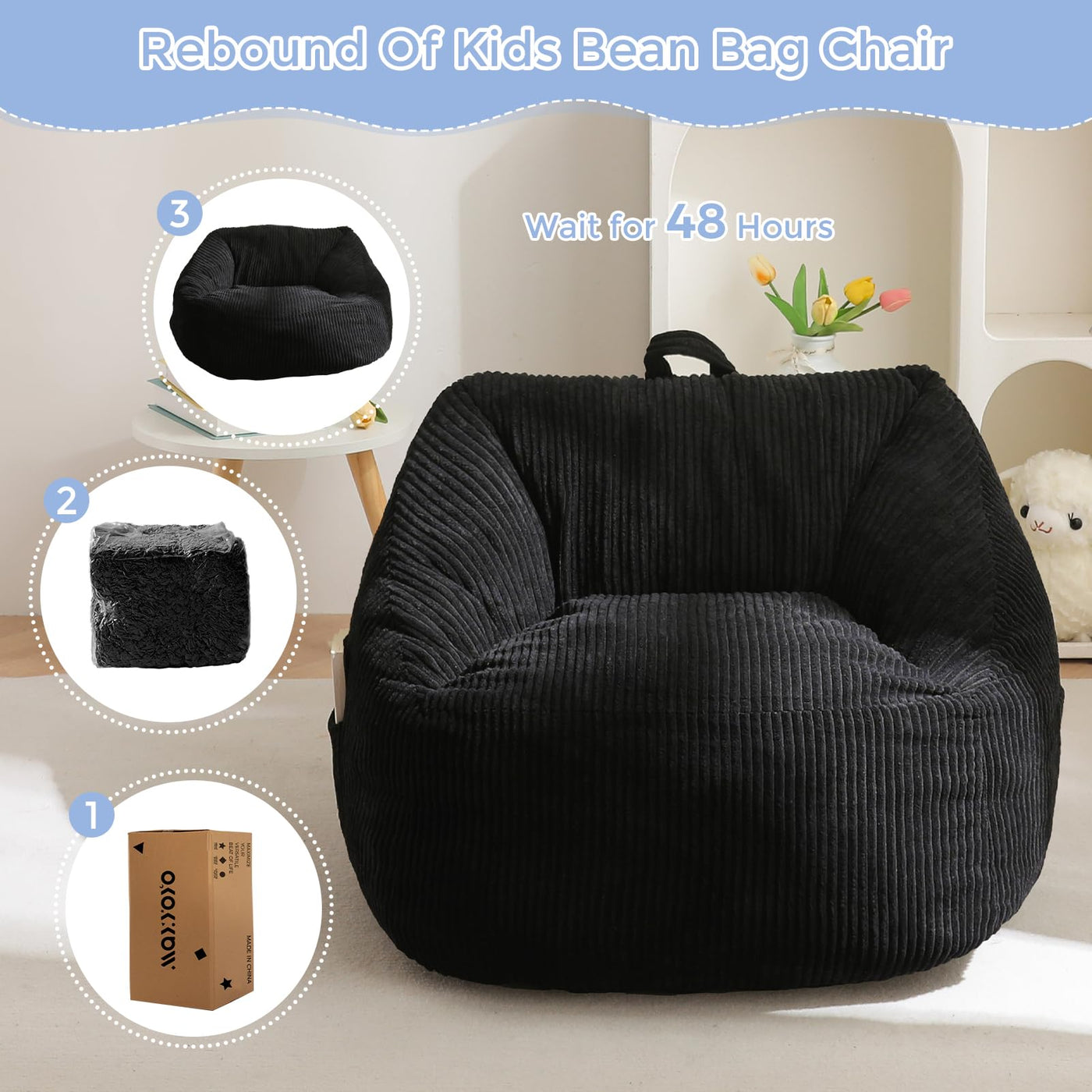 MAXYOYO Kids Bean Bag Chair, Corduroy Bean Bag Couch with Handle and Pocket for Gaming Reading Relaxing, Black