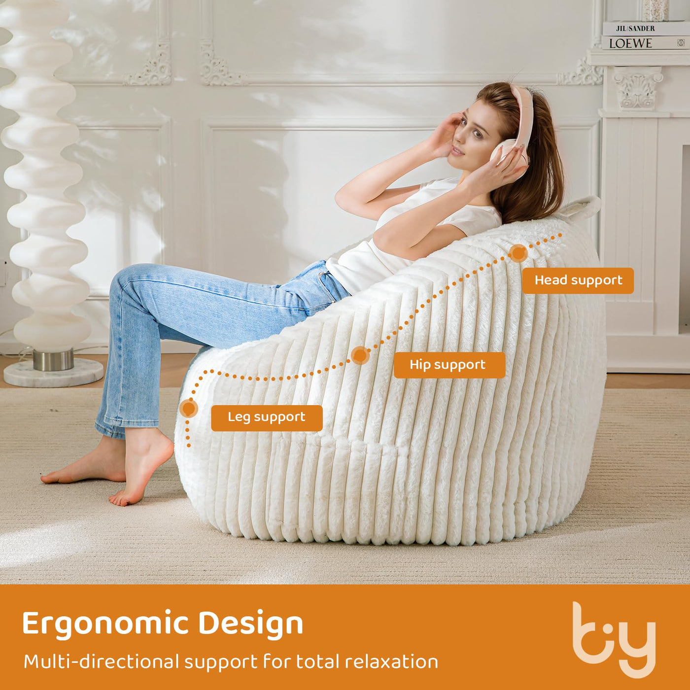 MAXYOYO Bean Bag Chair, Floor Sofa with Handle and Pocket for Living Room, Beige