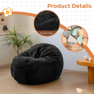 MAXYOYO 3 in 1 Kids Bean Bag Chair Bed, Faux Fur Round Child Floor Sofa for Gaming, Reading (Black)