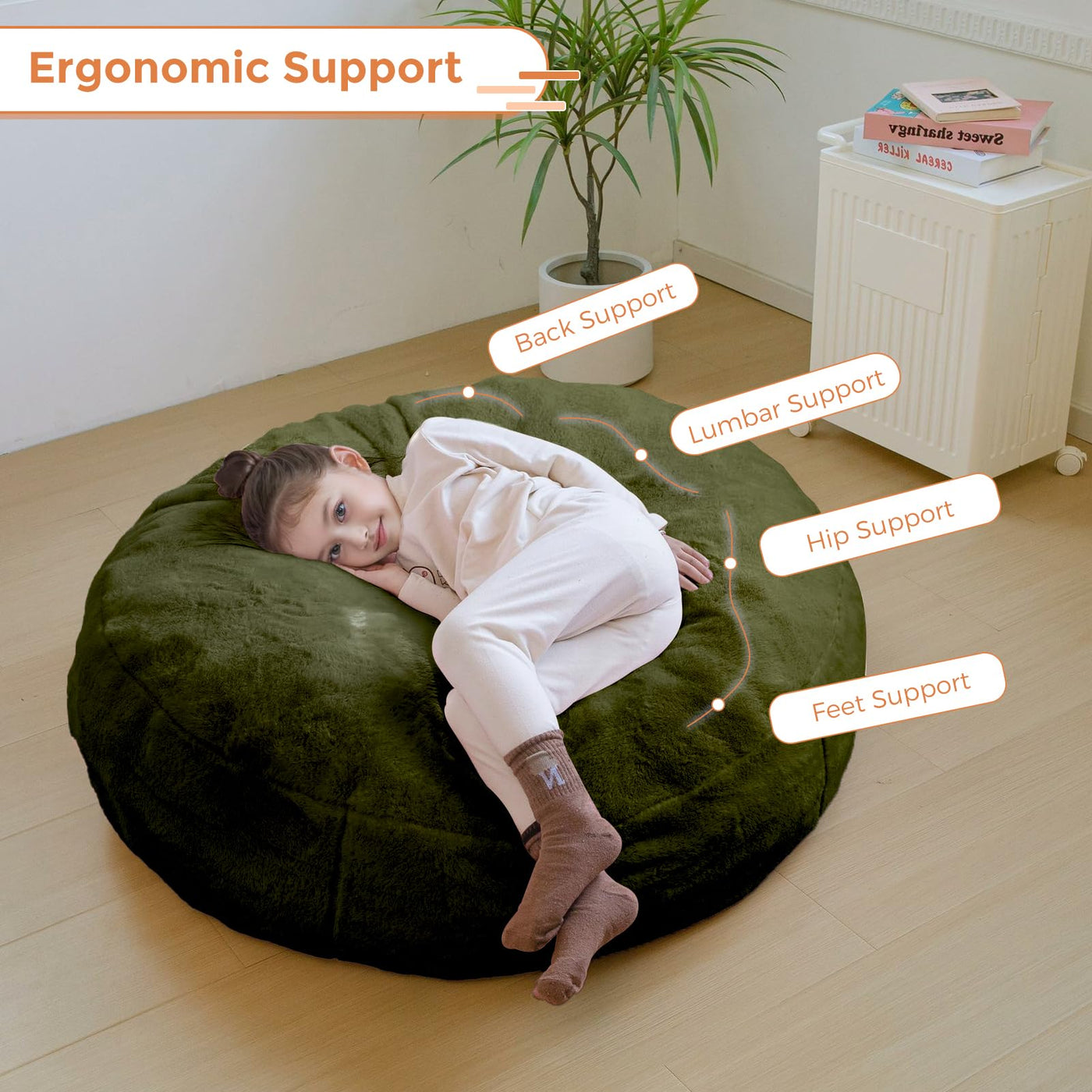 MAXYOYO 3 in 1 Kids Bean Bag Chair Bed, Faux Fur Round Child Floor Sofa for Gaming, Reading (Green)