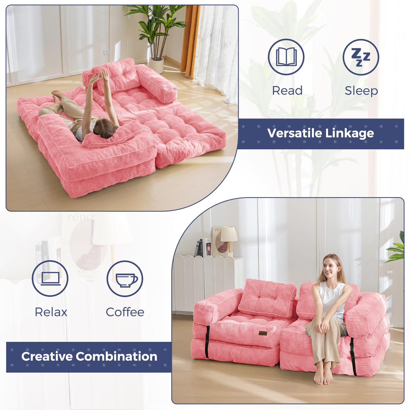 MAXYOYO Folding Sofa Bed, L-Shaped Convertible Sofa Bed with Armrest Foldable Sleeper Sofa, Pink