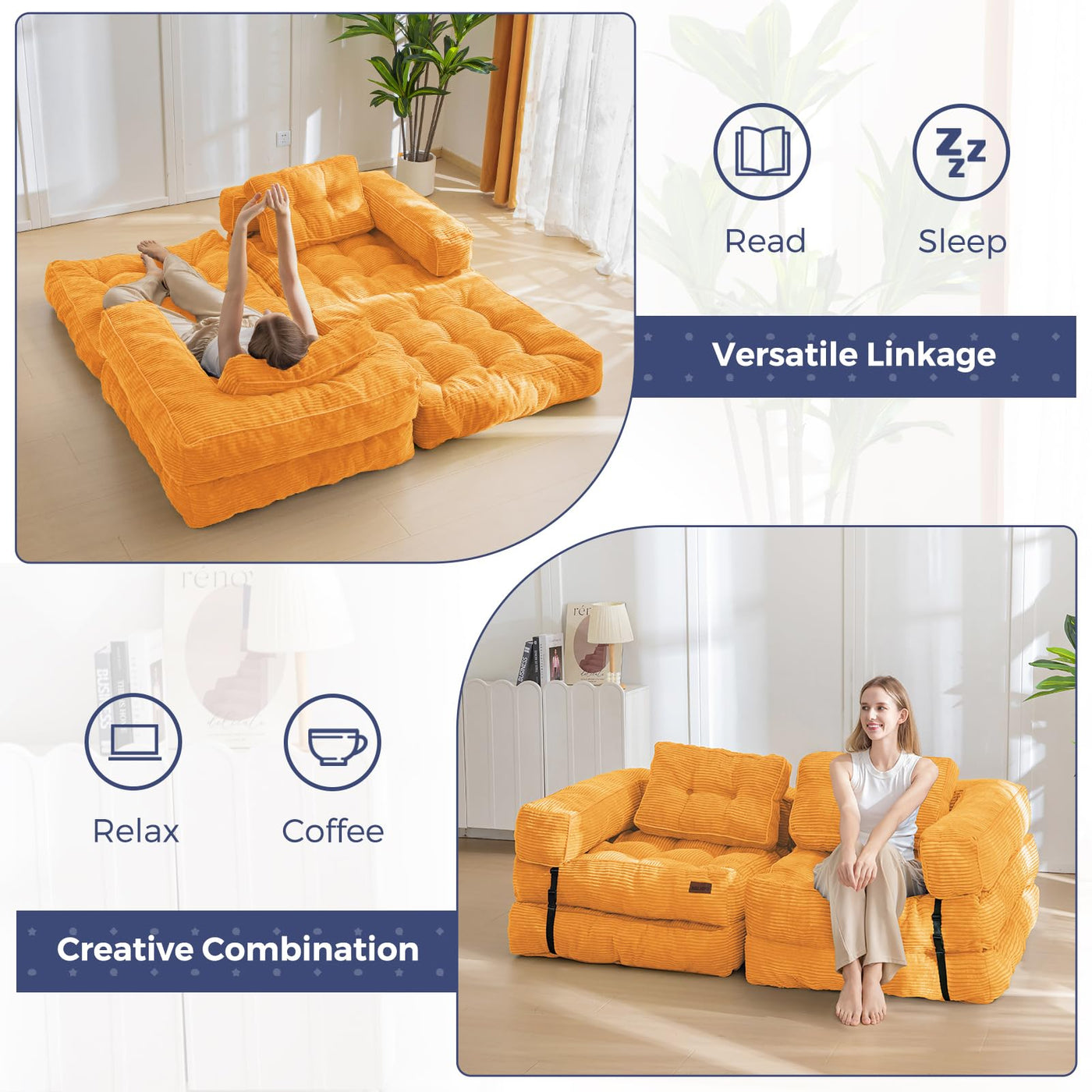 MAXYOYO Folding Sofa Bed, L-Shaped Convertible Sofa Bed with Armrest Foldable Sleeper Sofa, Orange