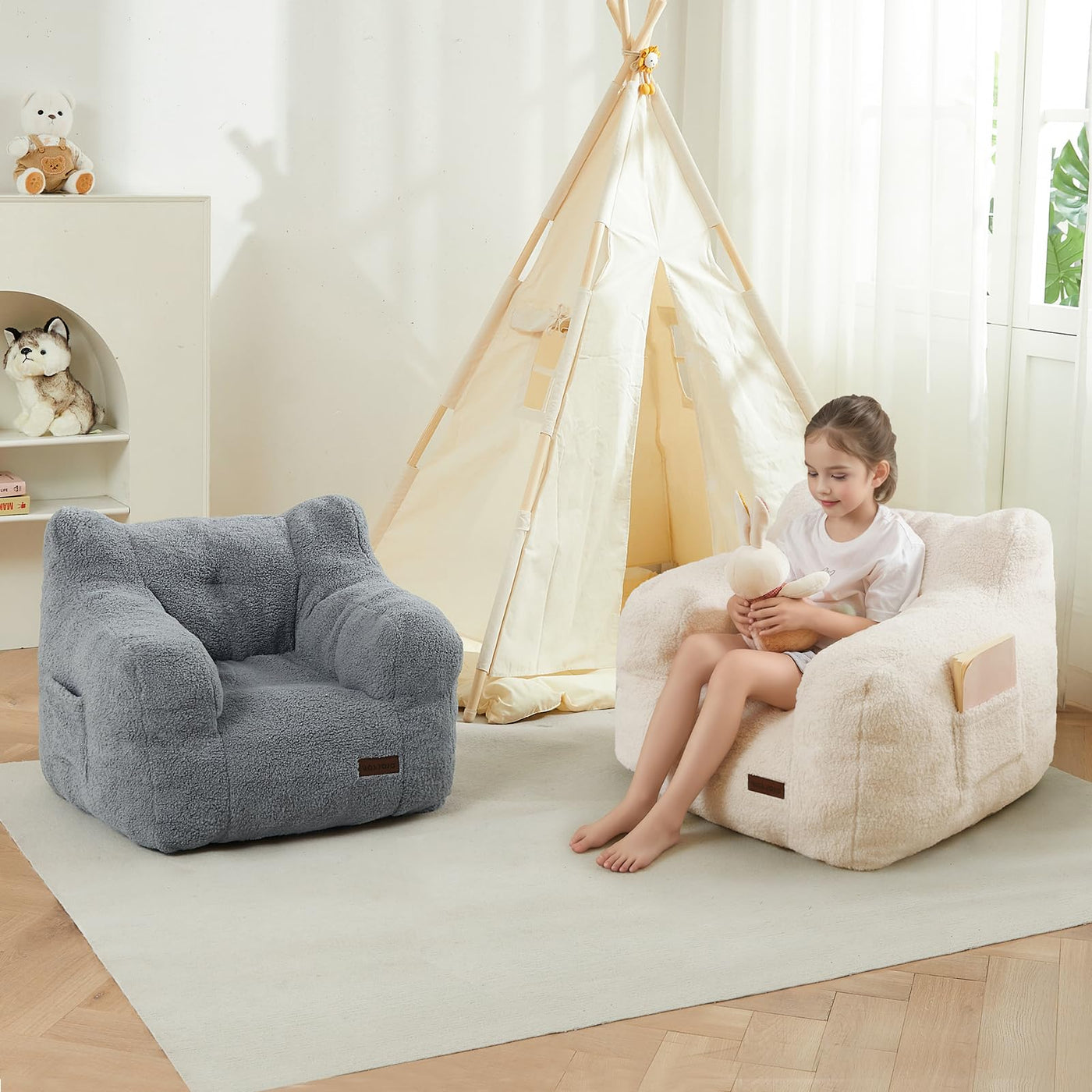 MAXYOYO Kids Sherpa Bean Bag Chair, Teddy Lazy Sofa for Girls and Boys,  Beige