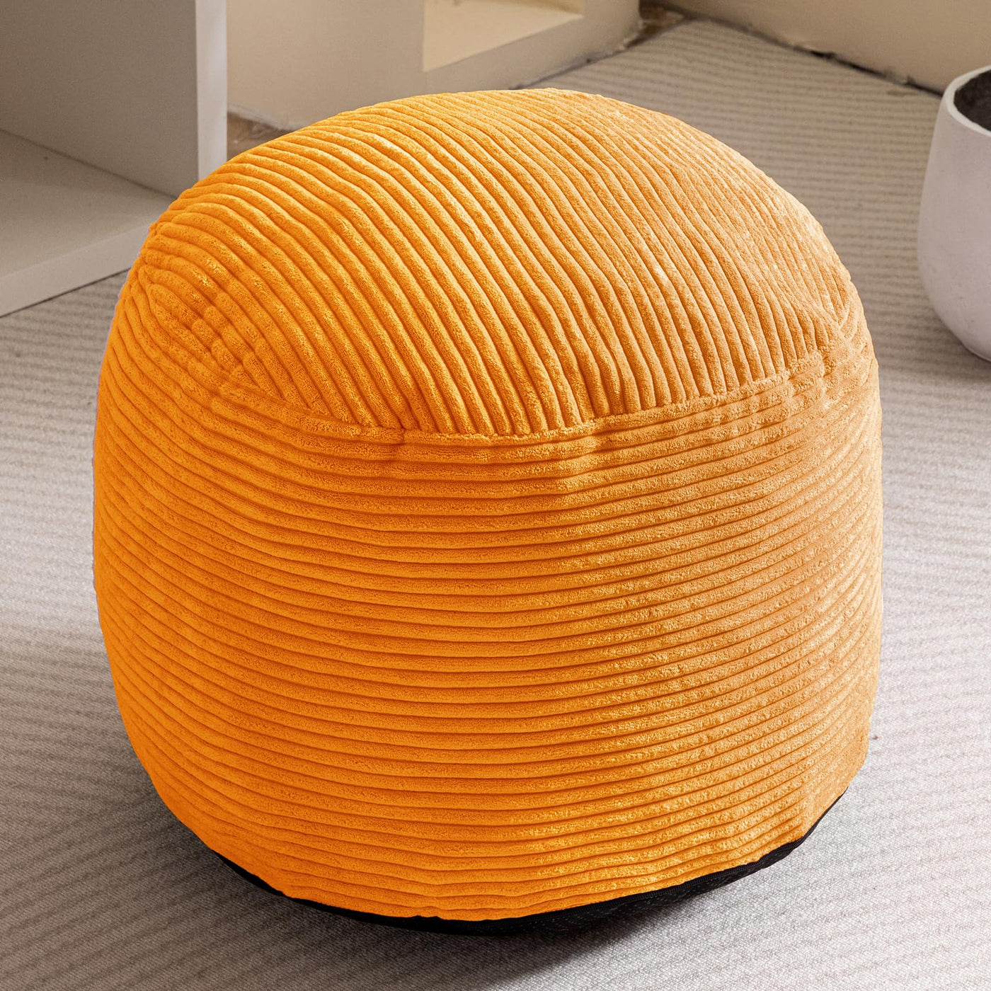 MAXYOYO Round Stuffed Pouf Ottoman, Corduroy Poufs with Foam Chunk Filling, 20 X 15In, Orange