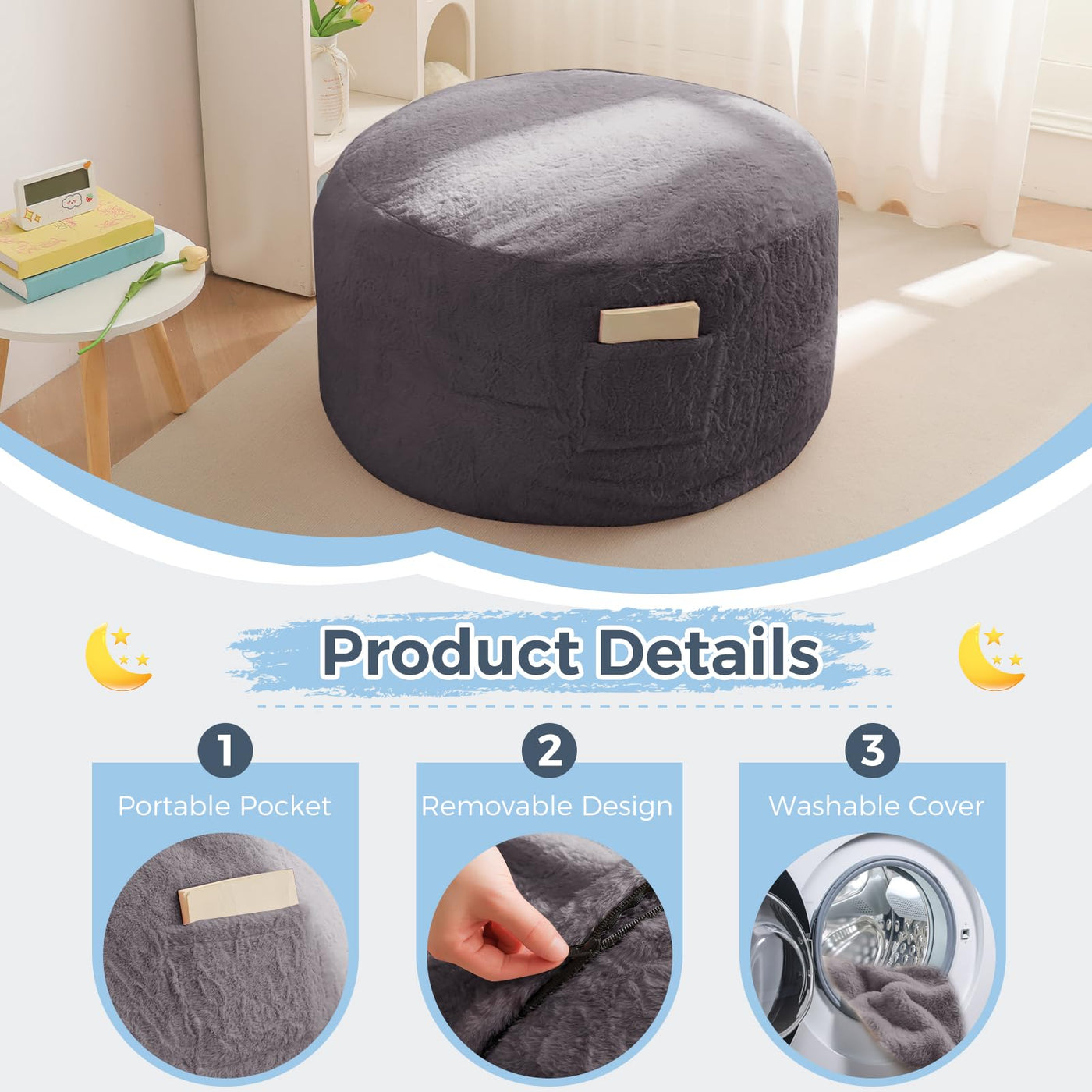 MAXYOYO Bean Bag Chair Bed for Kids, Convertible Bean Bag Folds from Lazy Chair to Floor Mattress Bed, Gark Grey