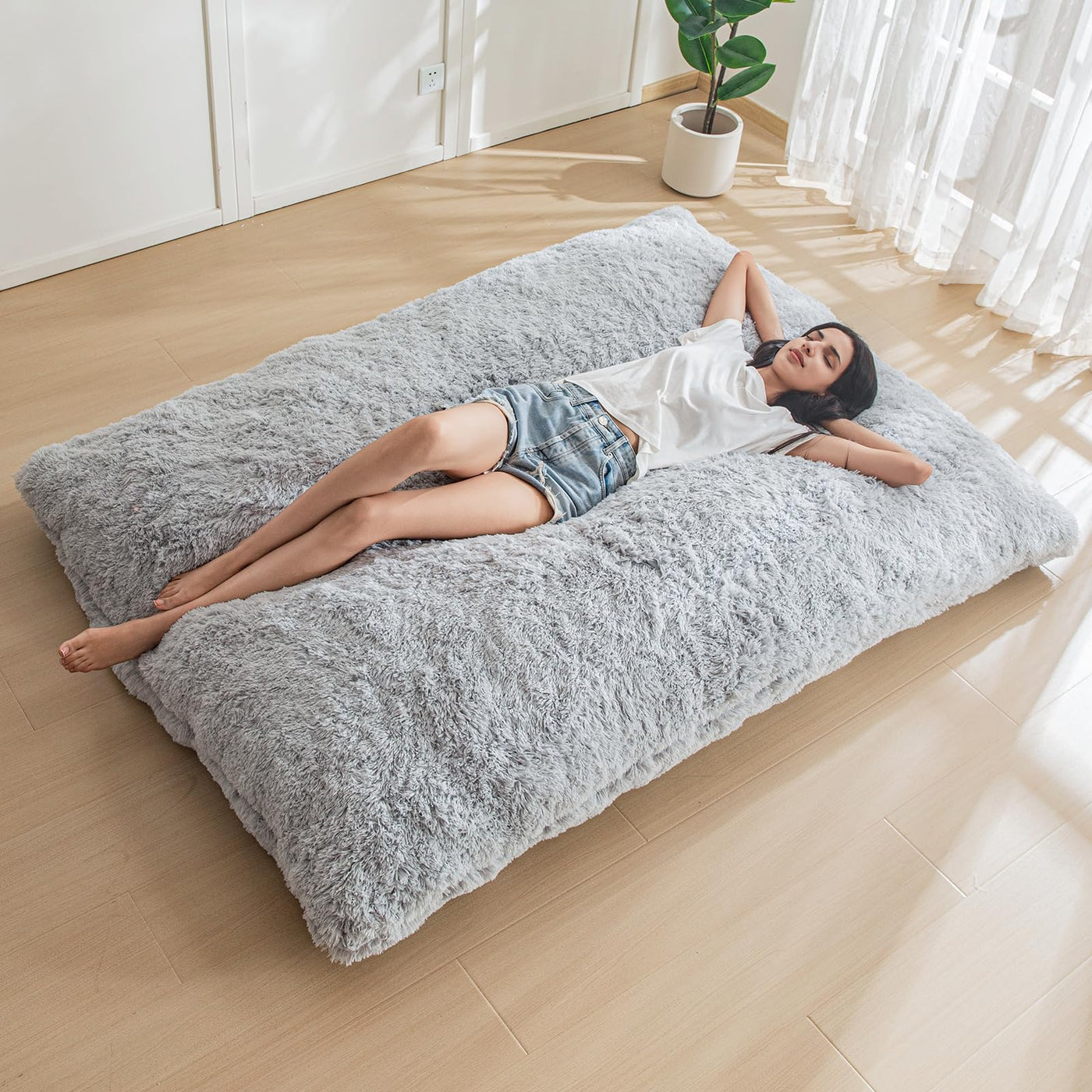 MAXYOYO 3 in 1 Bean Bag Chair, Giant Bean Bag Sofa Bed, Floor Mattress with High-Density Foam Filling, Grey