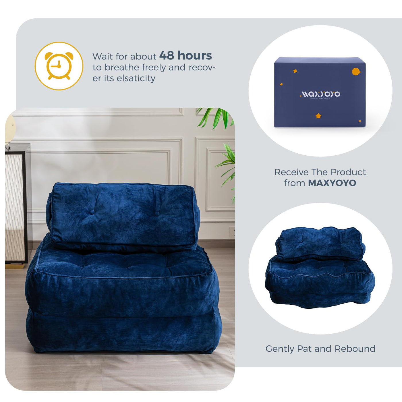 MAXYOYO Folding Sofa Bed, Velvet Convertible Sleeper Chair with Pillow Portable Fold Out Chair Bed, Navy