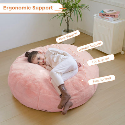 MAXYOYO 3 in 1 Kids Bean Bag Chair Bed, Faux Fur Round Child Floor Sofa for Gaming, Reading (Pink)