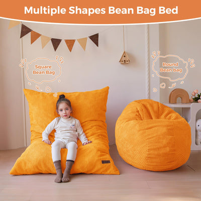 MAXYOYO 3-in-1 Kids Convertible Bean Bag Chair & Bed, Corduroy Round Child Floor Sofa for Gaming, Reading, Orange