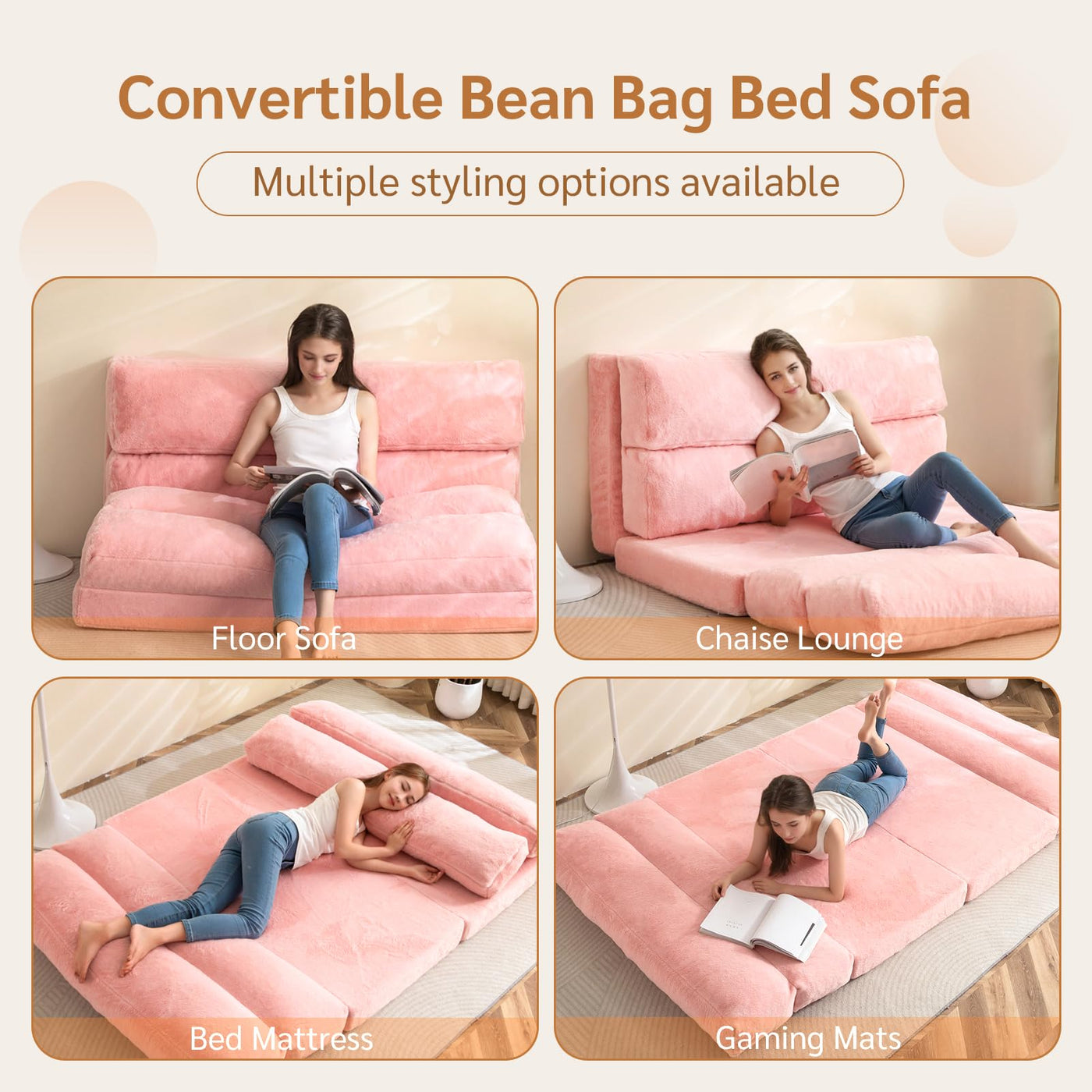 MAXYOYO  Bean Bag Bed Folding Sofa Bed, Extra Wider Fold Full Floor Mattress, Pink Floor Couch