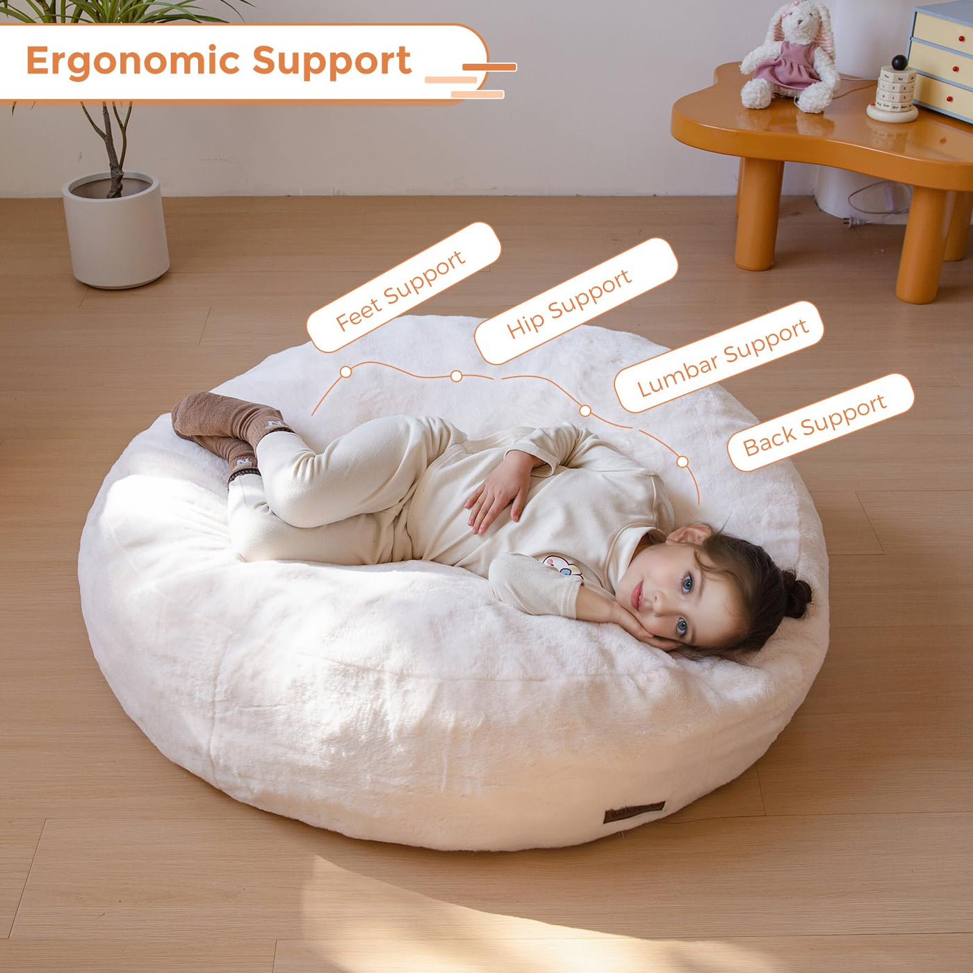 MAXYOYO 3 in 1 Kids Bean Bag Chair Bed, Faux Fur Round Child Floor Sofa for Gaming, Reading (Beige)