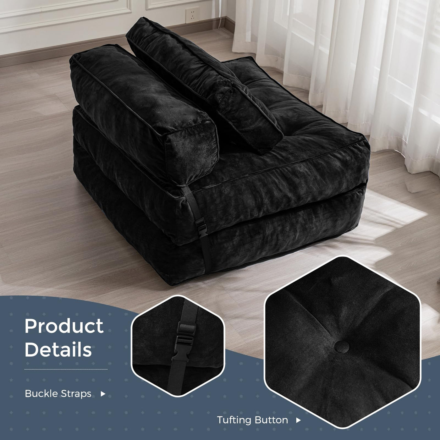 MAXYOYO Folding Sofa Bed, Velvet Convertible Sleeper Chair with Pillow Portable Fold Out Chair Bed, Black