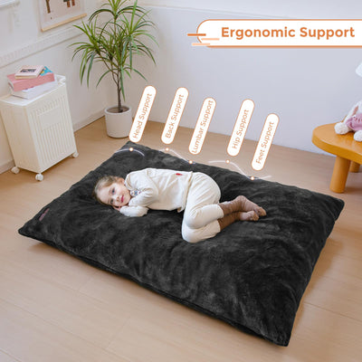 MAXYOYO 3 in 1 Kids Bean Bag Chair Bed, Faux Fur Child Floor Sofa for Gaming, Reading (Black)