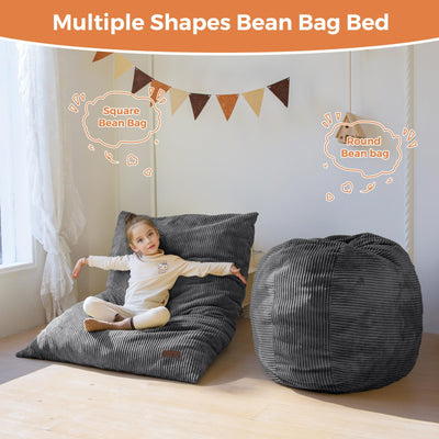 MAXYOYO 3-in-1 Kids Convertible Bean Bag Chair & Bed, Corduroy Round Child Floor Sofa for Gaming, Reading, Dark Grey