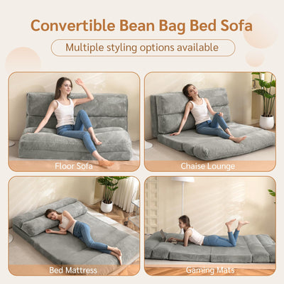 MAXYOYO  Bean Bag Bed Folding Sofa Bed, Extra Wider Fold Full Floor Mattress, Grey