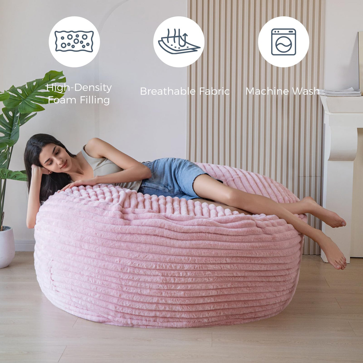 MAXYOYO Giant Bean Bag Chair Bed for Adults, Striped Faux Fur Convertible Beanbag Folds from Lazy Chair to Floor Bed, Pink