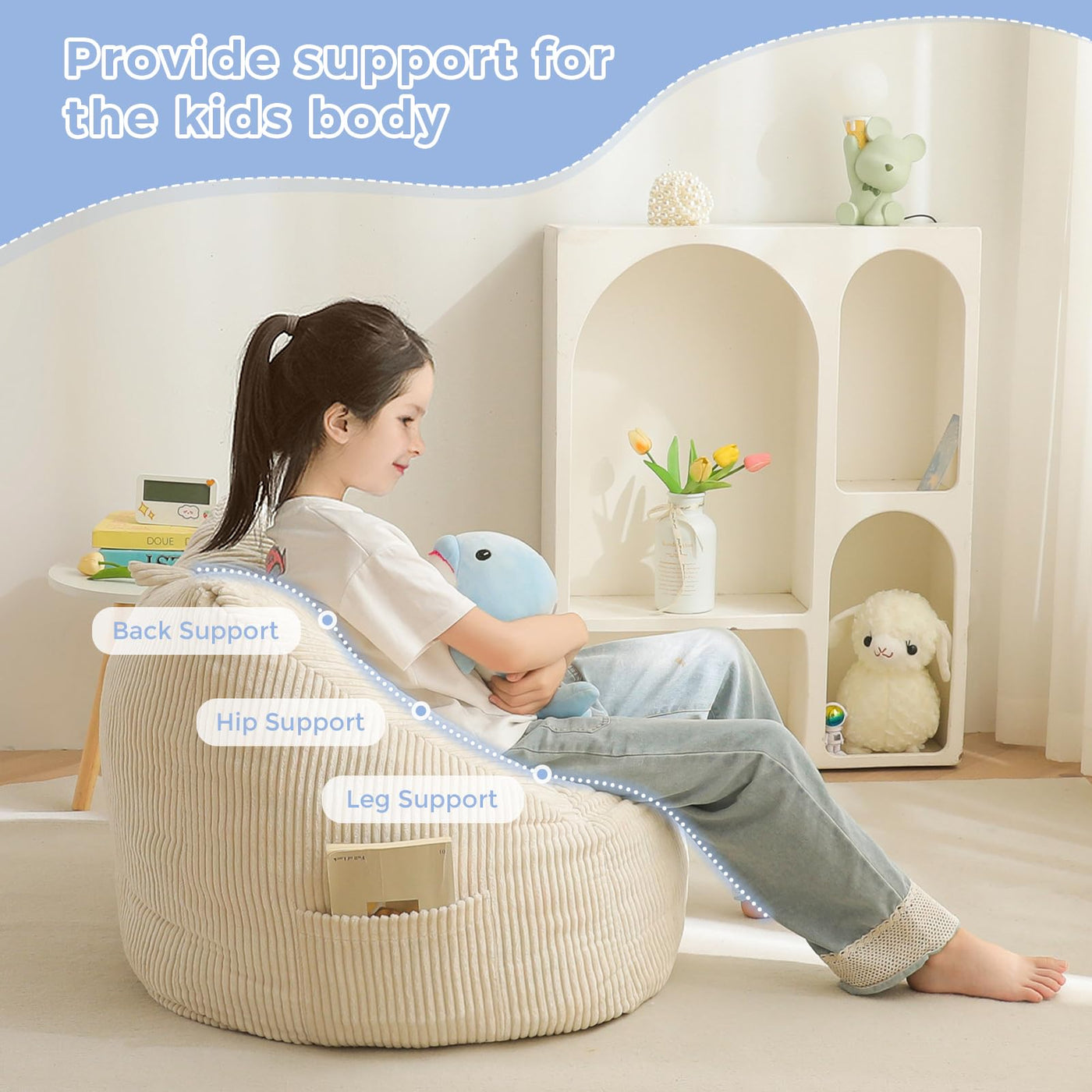 MAXYOYO Kids Bean Bag Chair, Corduroy Bean Bag Couch with Handle and Pocket for Gaming Reading Relaxing, Beige