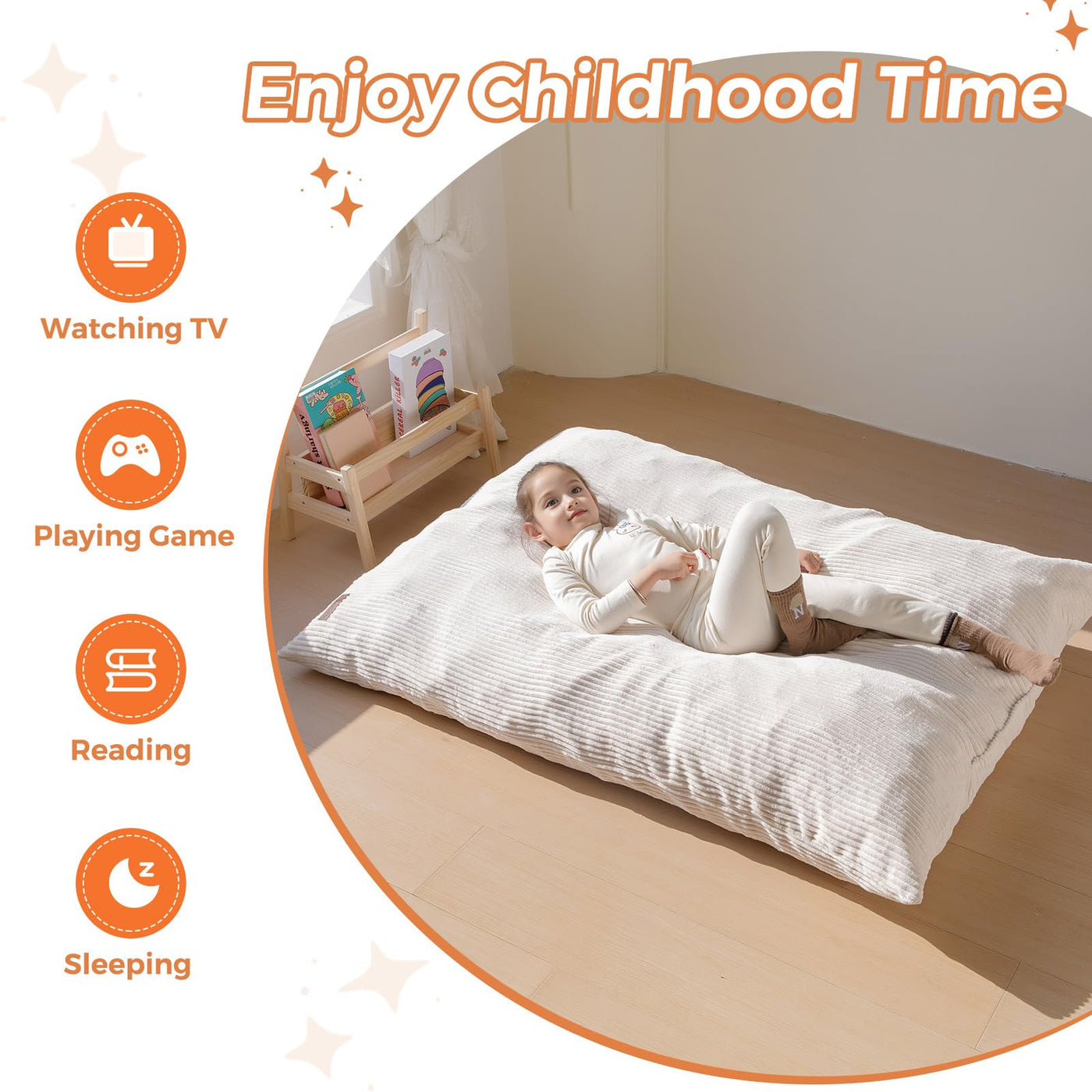 MAXYOYO 3-in-1 Kids Convertible Bean Bag Chair & Bed, Child Floor Sofa for Gaming, Reading, Beige